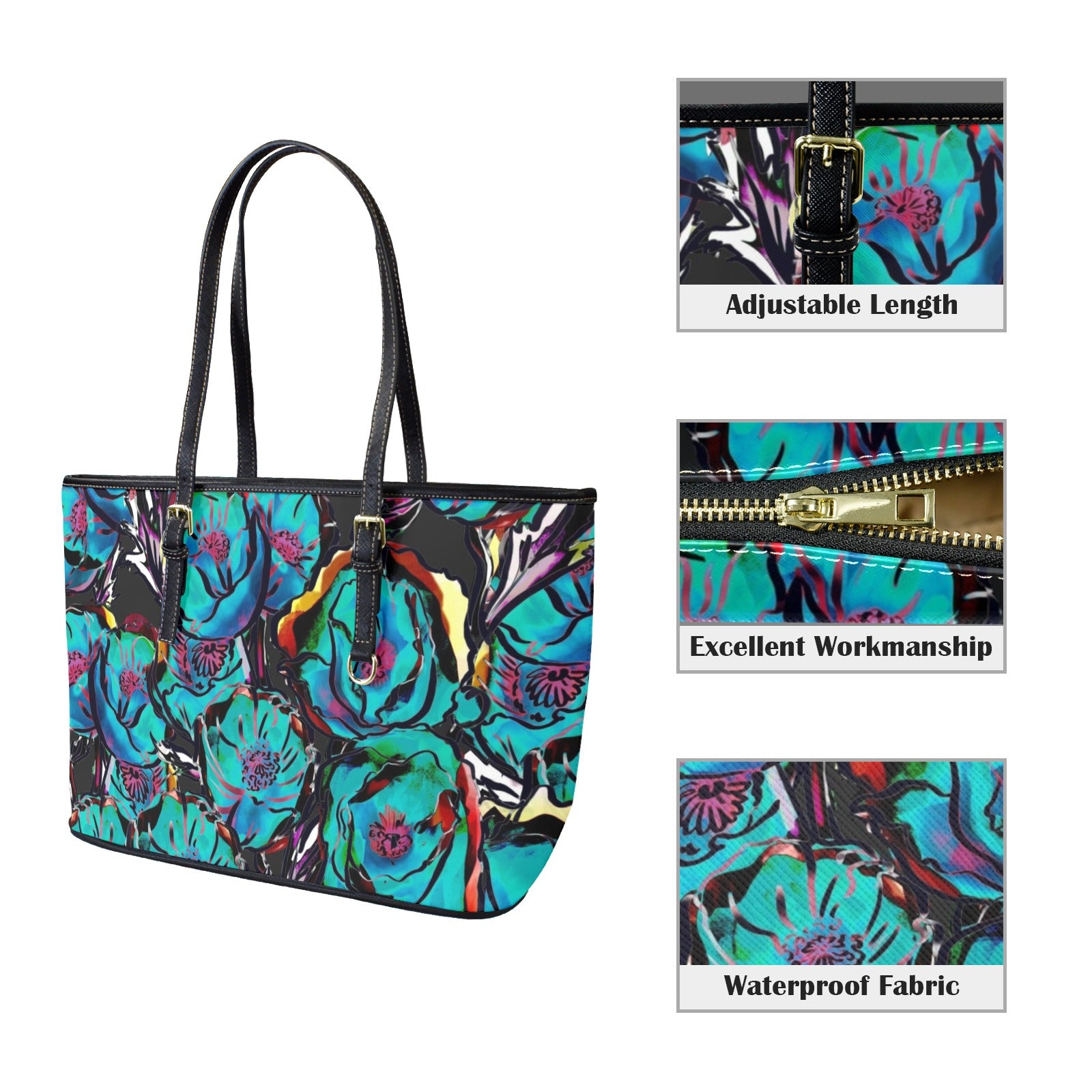 Flower It Blue - Leather Tote Bag-Large