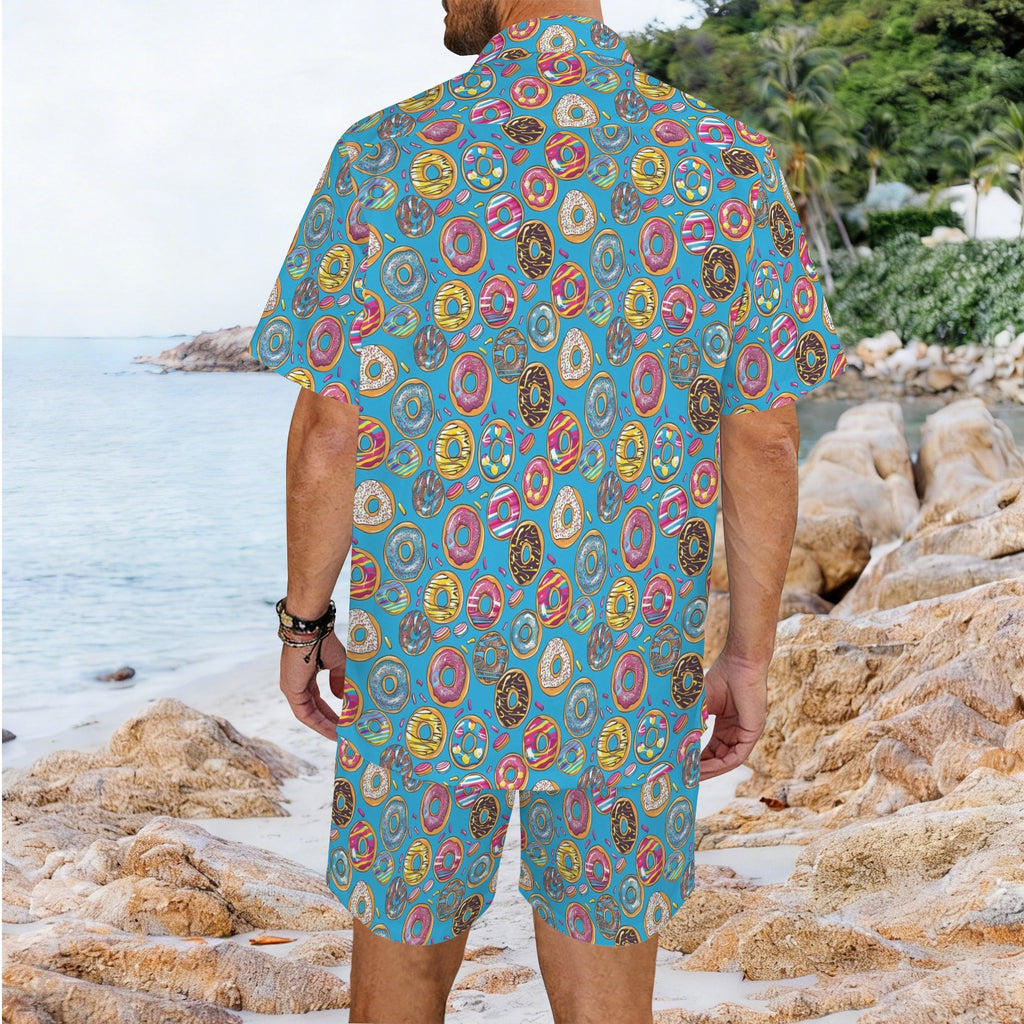 Doughnuts On Blue Men's Hawaiian Shirt & Shorts Set Men's Hawaiian Shirt & Shorts Set Food Printed Offshore