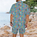Doughnuts On Blue Men's Hawaiian Shirt & Shorts Set Men's Hawaiian Shirt & Shorts Set Food Printed Offshore