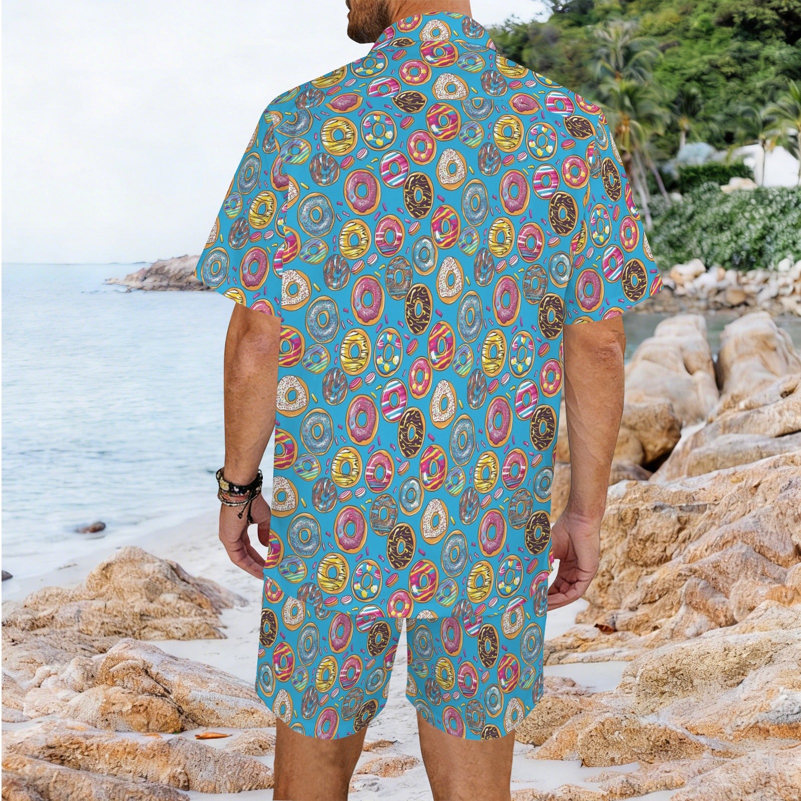Doughnuts On Blue Men's Hawaiian Shirt & Shorts Set Men's Hawaiian Shirt & Shorts Set Food Printed Offshore