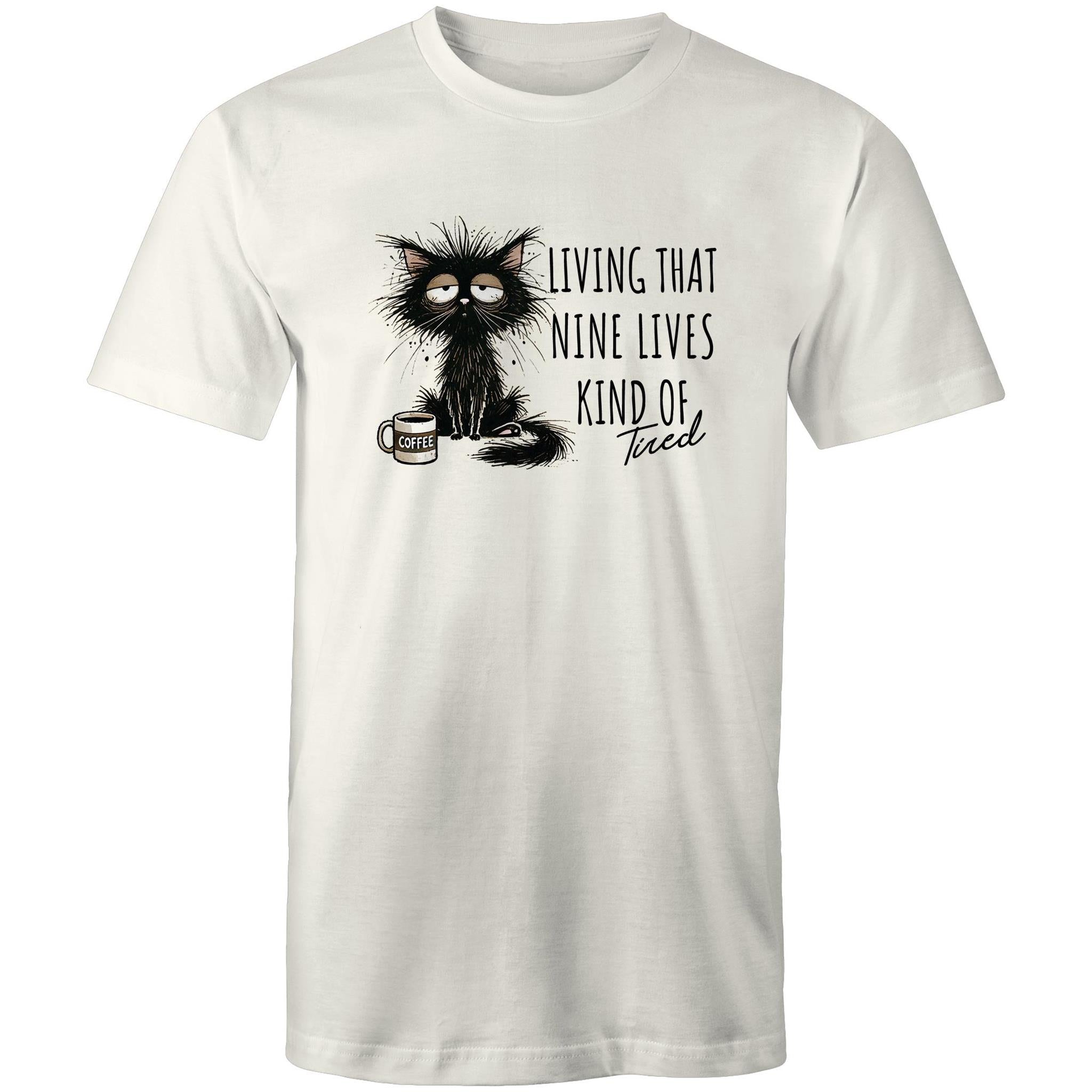 Living That Nine Lives Kind Of Tired, Frazzled Cat - Mens T-Shirt Natural Mens T-shirt animal Coffee Printed In Australia