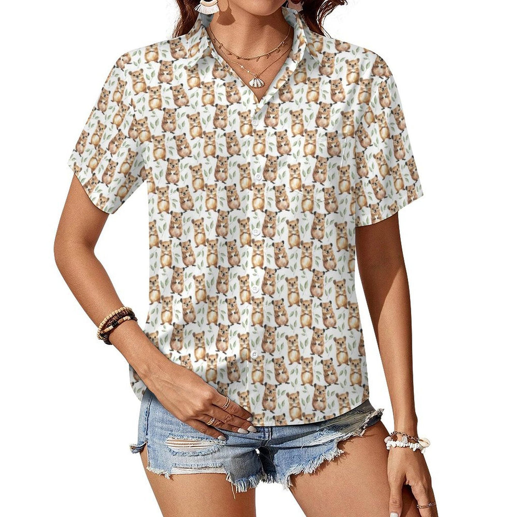 Quokkas Women's Short-Sleeve Button Up Shirt white Women's Short-Sleeve Button Up Shirt animal Printed Offshore