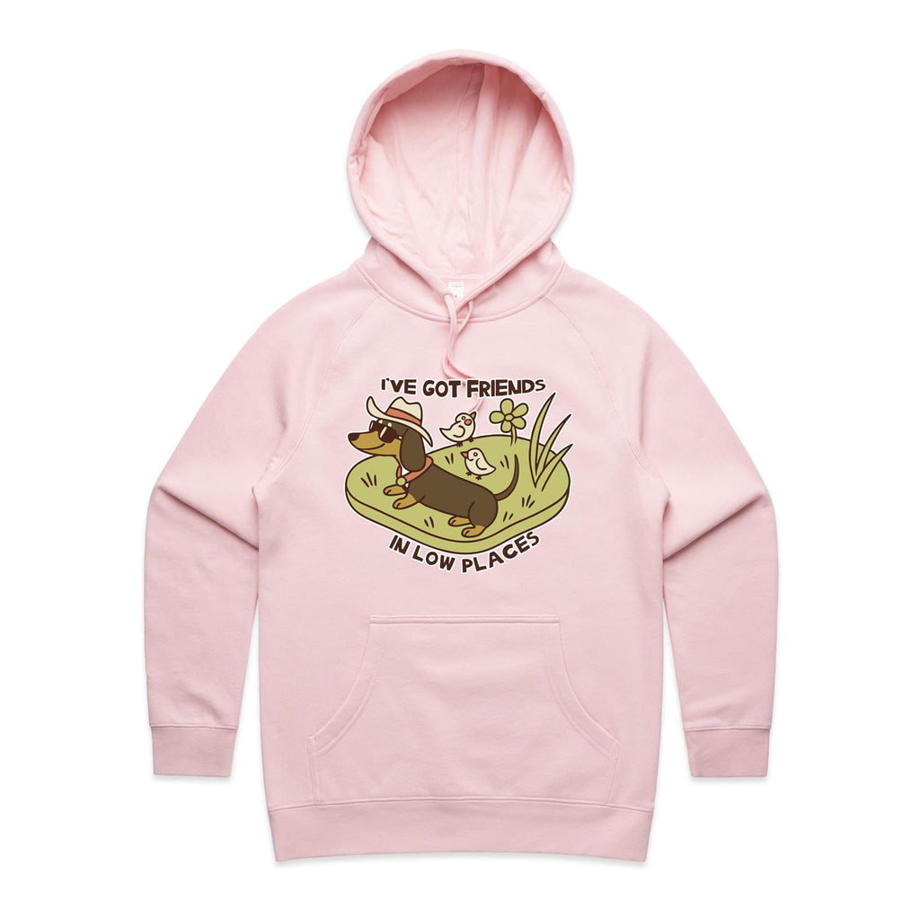 Dachshund, I've Got Friends In Low Places Women's AS Colour Hoodie Pink Womens Hoodie animal Printed In Australia
