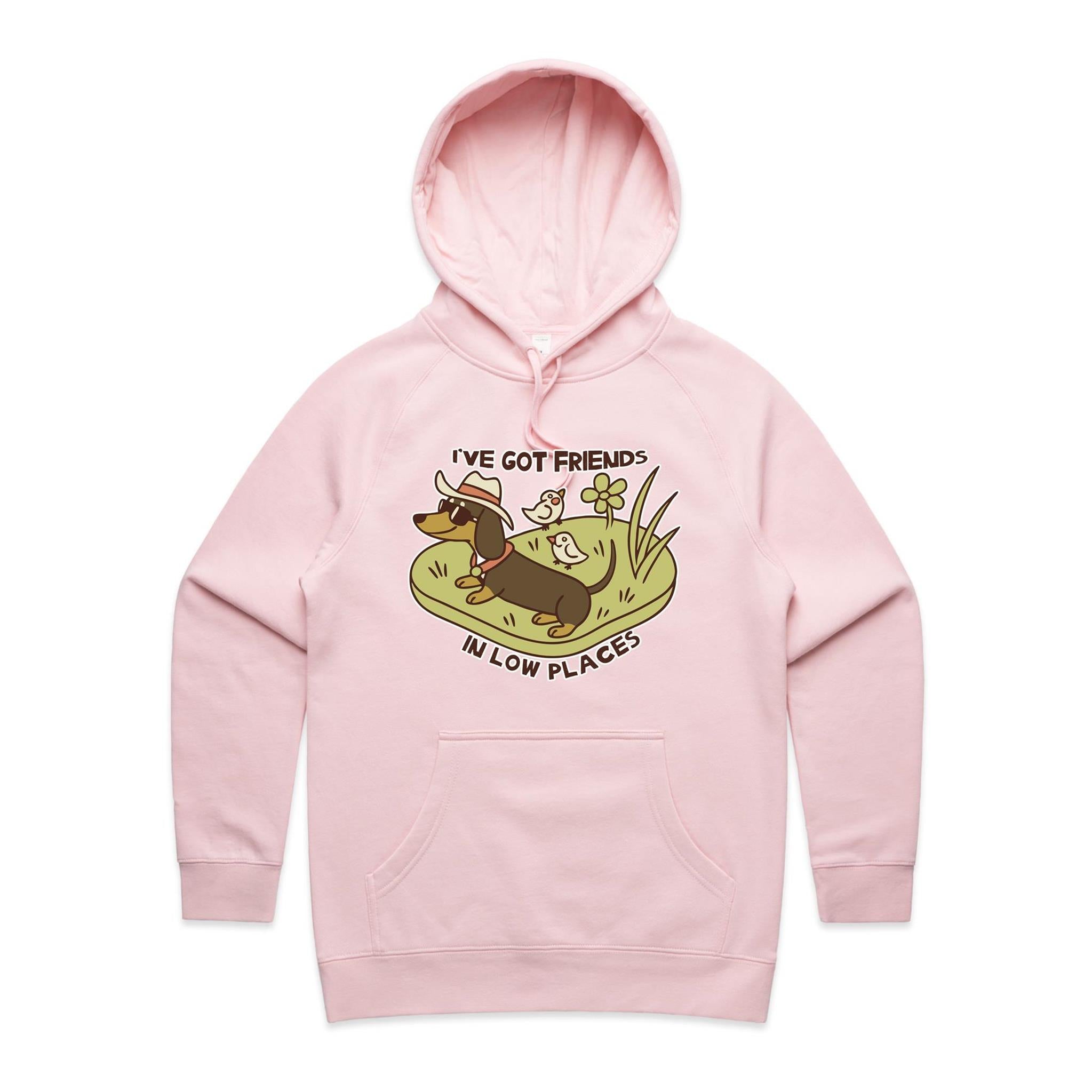 Dachshund, I've Got Friends In Low Places Women's AS Colour Hoodie Pink Womens Hoodie animal Printed In Australia