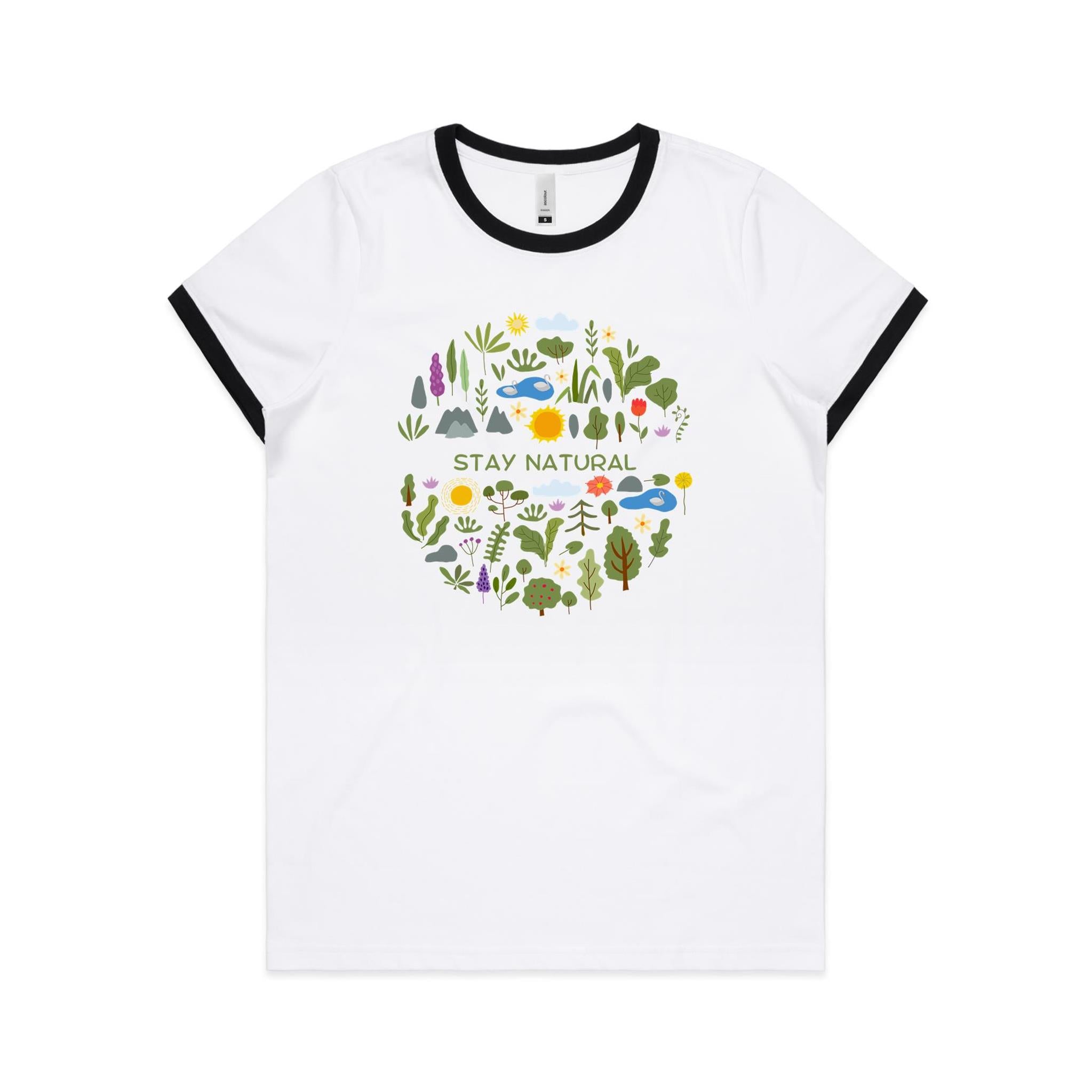 Stay Natural - Women's Ringer Tee White Black Womens Ringer T-shirt Plants Printed In Australia