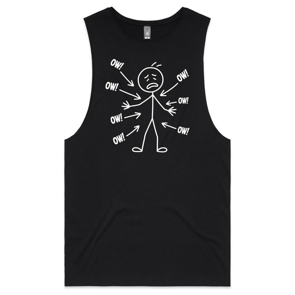 Ow! Everything Hurts Stick Figure Men's AS Colour Tank Top Black Drop Arm Tank Top Printed In Australia