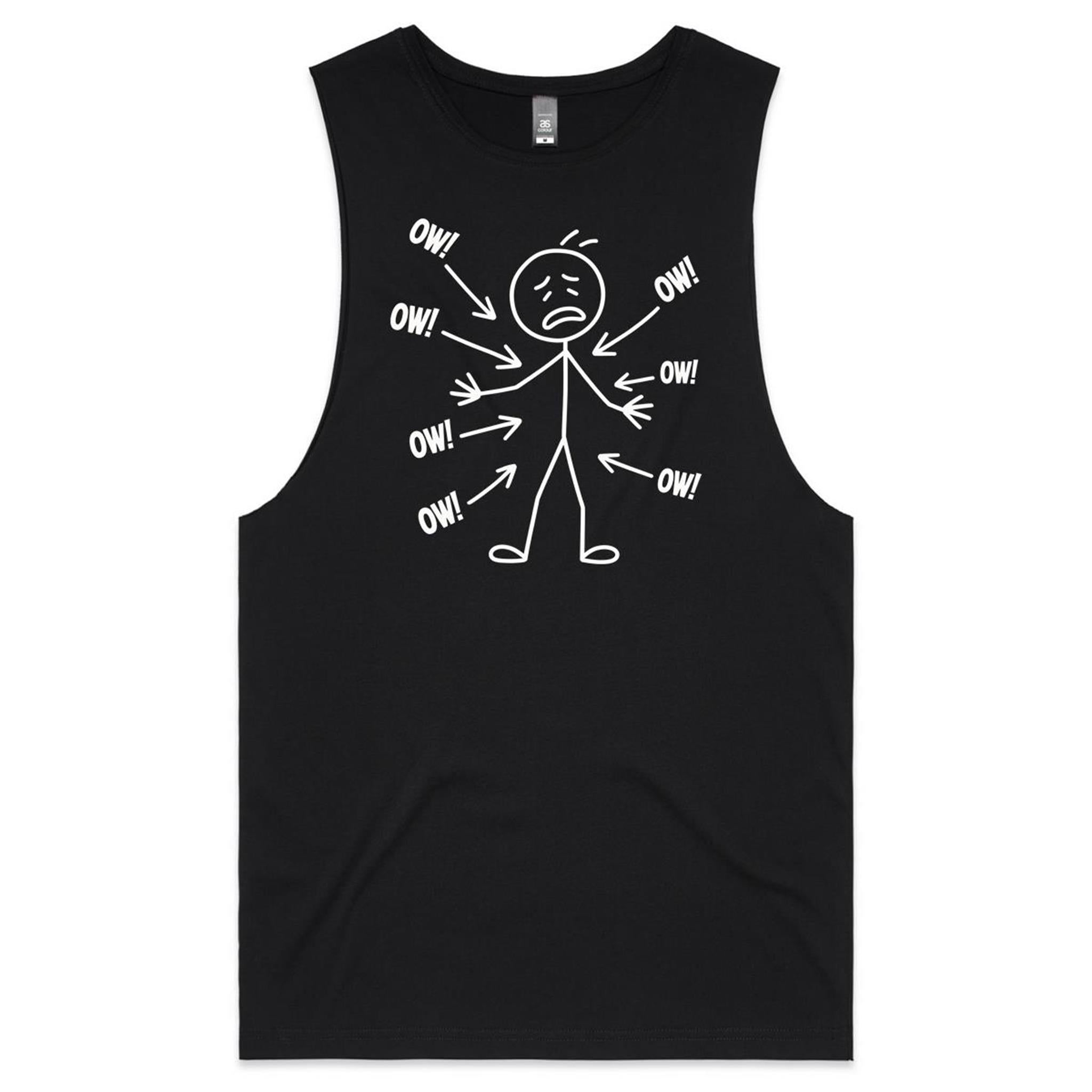 Ow! Everything Hurts Stick Figure Men's AS Colour Tank Top Black Drop Arm Tank Top Printed In Australia