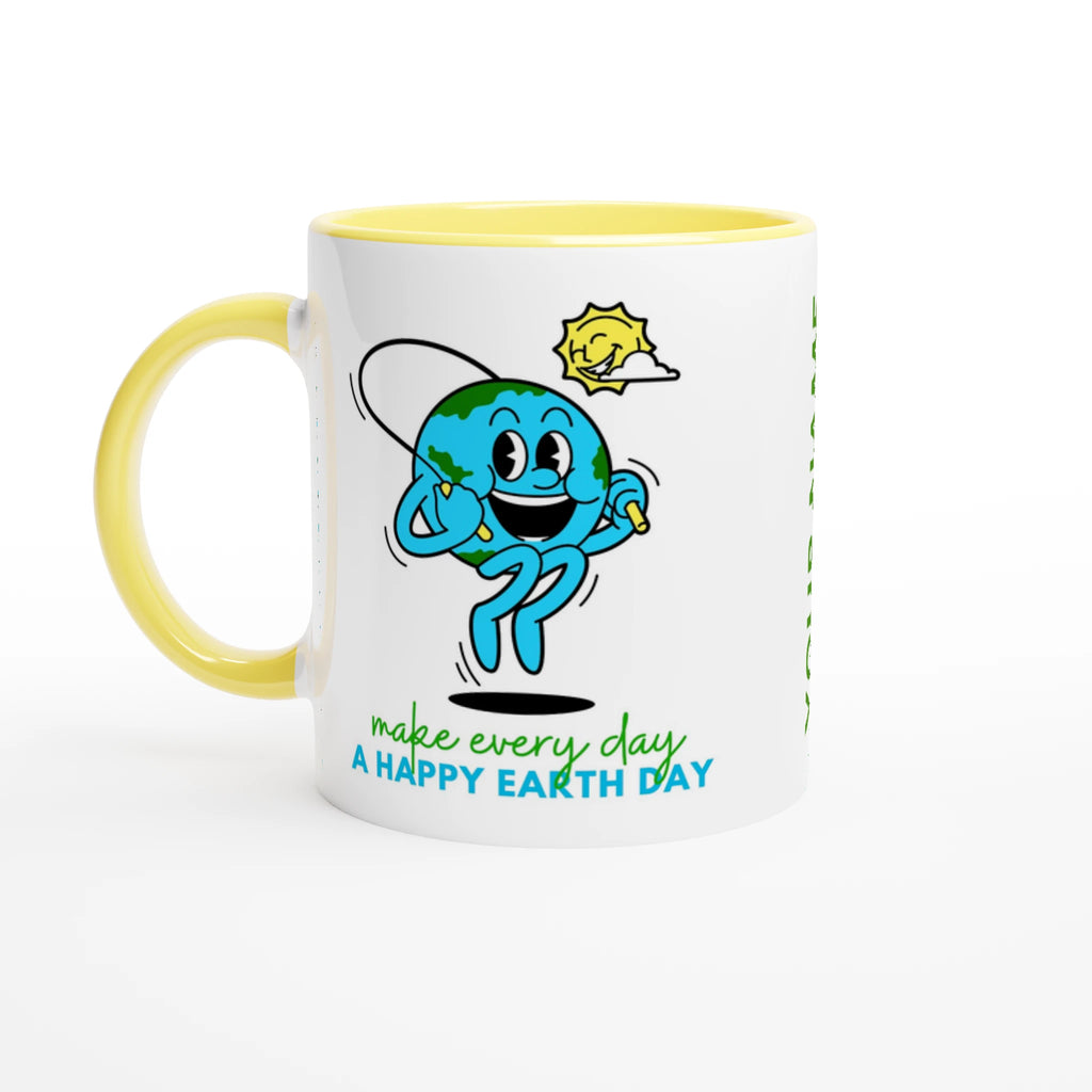 Personalised - Make Every Day A Happy Earth Day - White 11oz Ceramic Mug with Colour Inside Ceramic Yellow Personalised 11oz Mug customise Environment Globally Fulfilled personalise