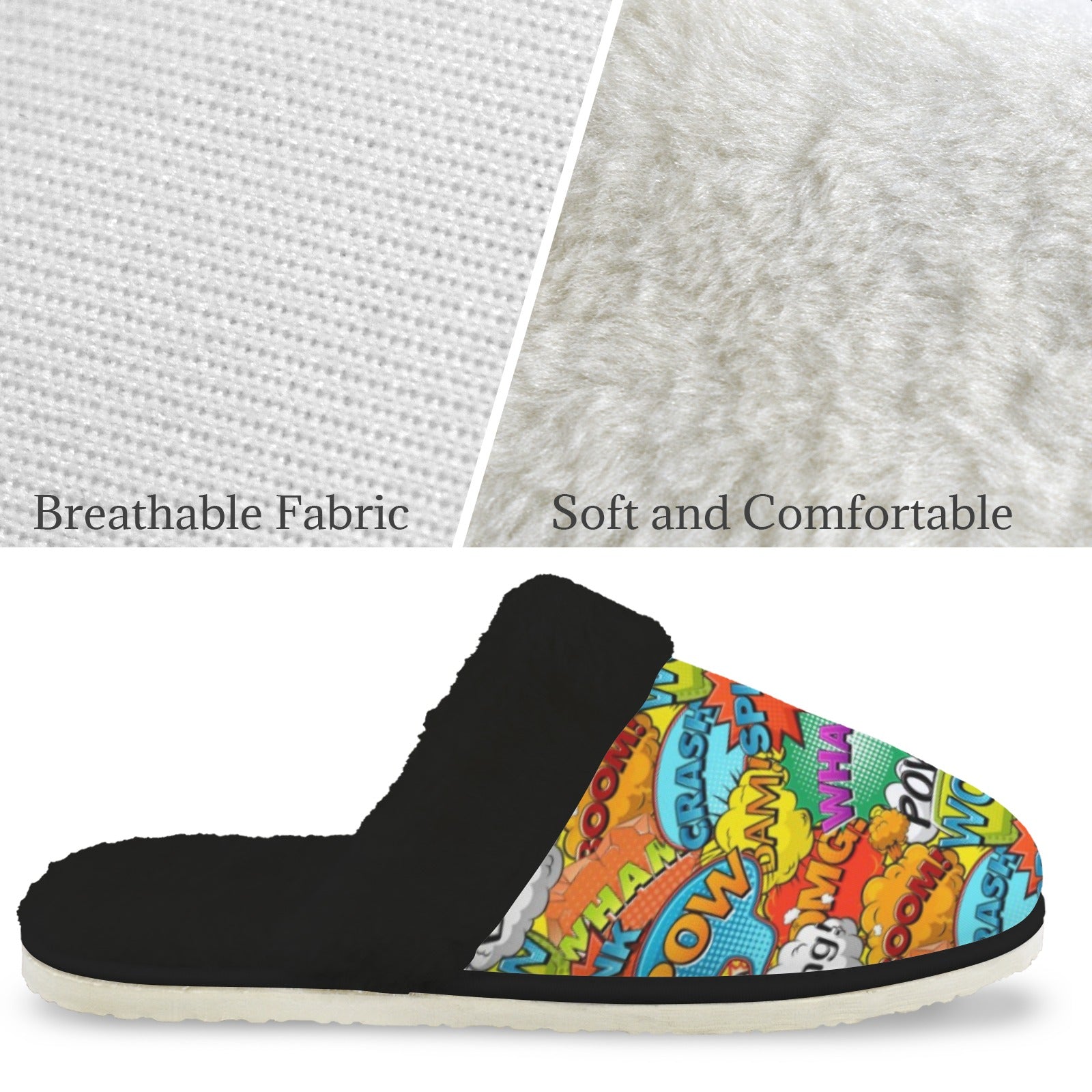 Comic Book 2 Women's Fur Trim Thick-Sole Indoor Slippers Women's Fur Trimmed Slippers comic Printed Offshore