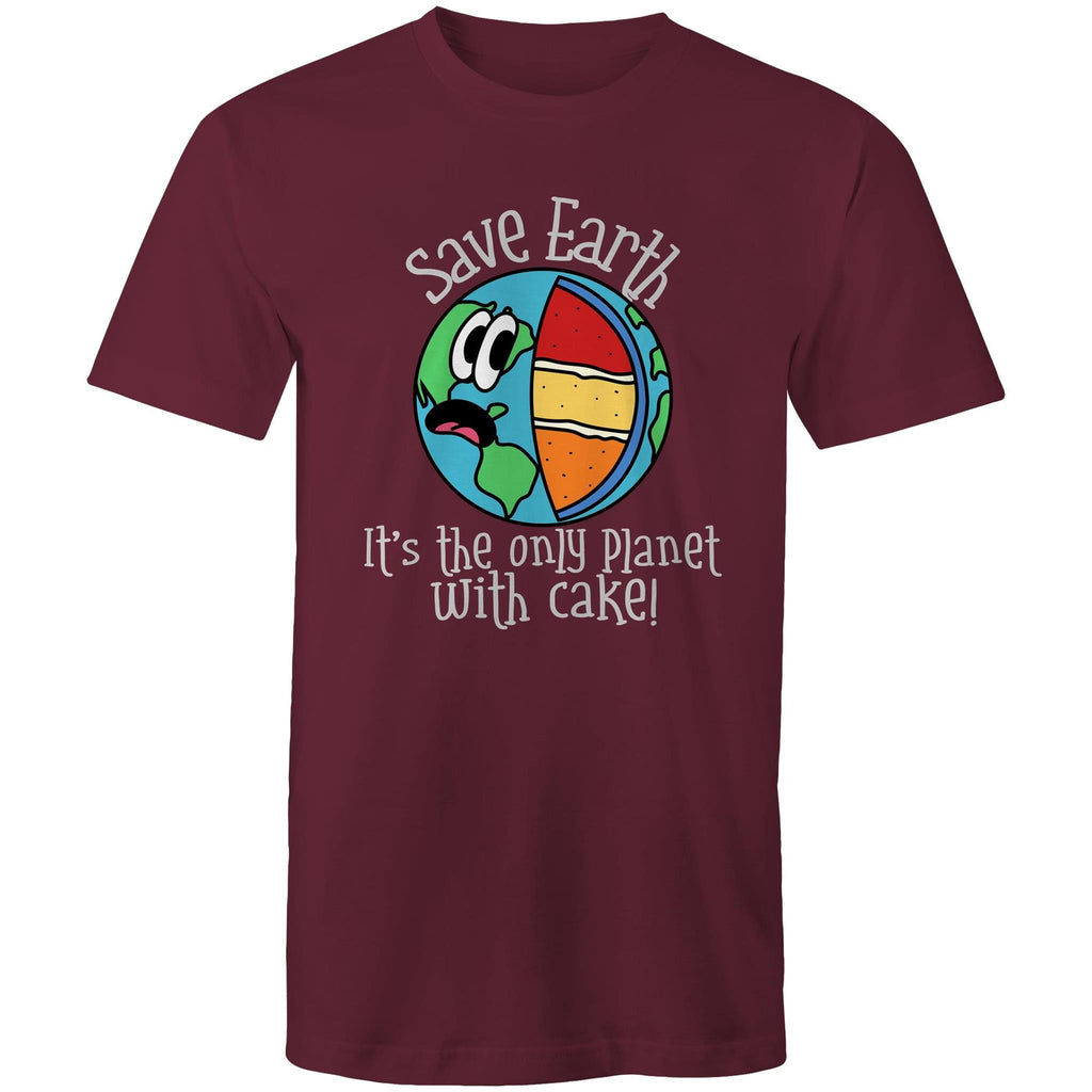 Save Earth, It's The Only Planet With Cake - Mens T-Shirt Burgundy Mens T-shirt Environment Food Printed In Australia