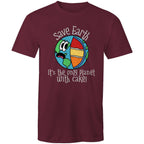 Save Earth, It's The Only Planet With Cake - Mens T-Shirt Burgundy Mens T-shirt Environment Food Printed In Australia