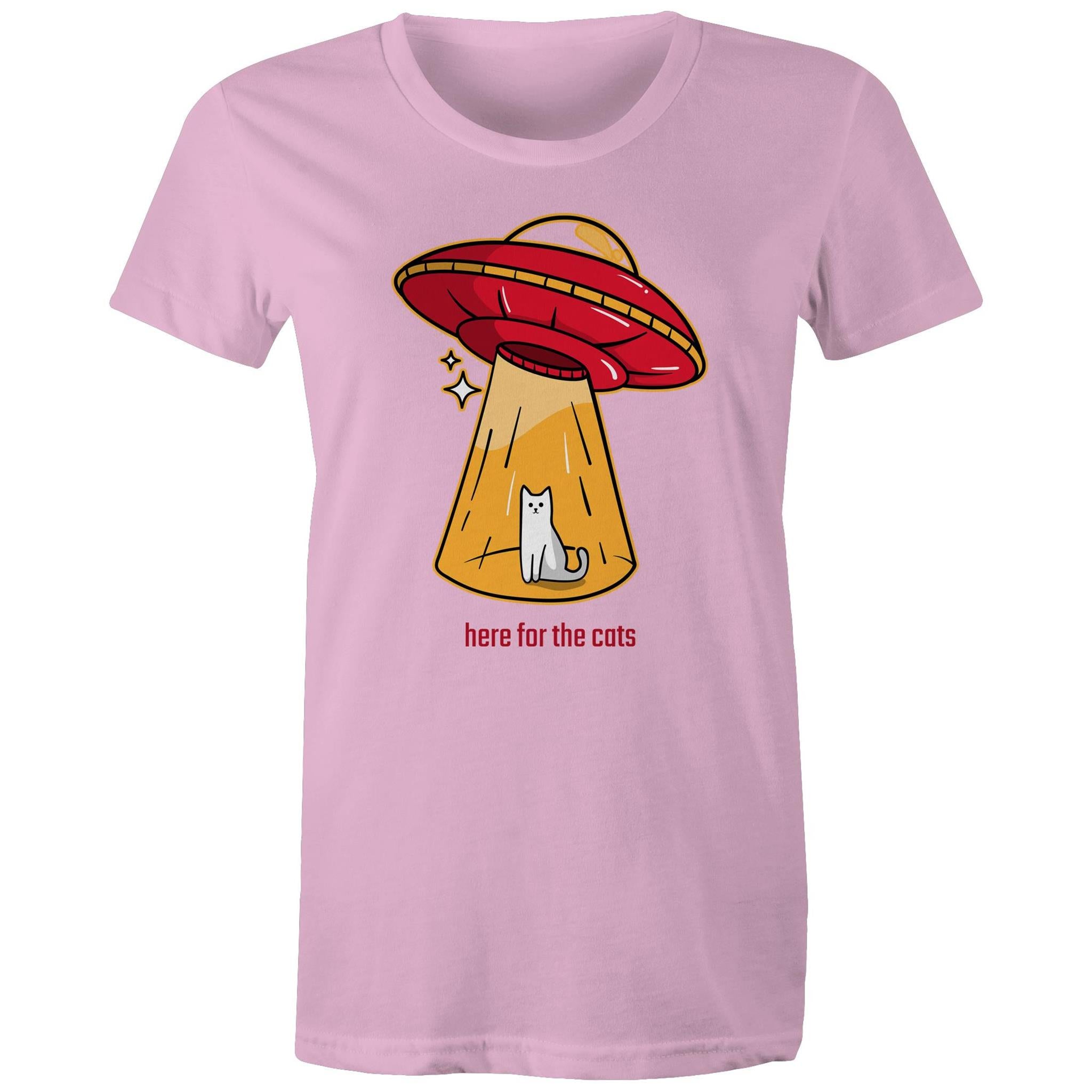 Here For The Cats, UFO - Womens T-shirt Pink Womens T-shirt animal Printed In Australia Sci Fi