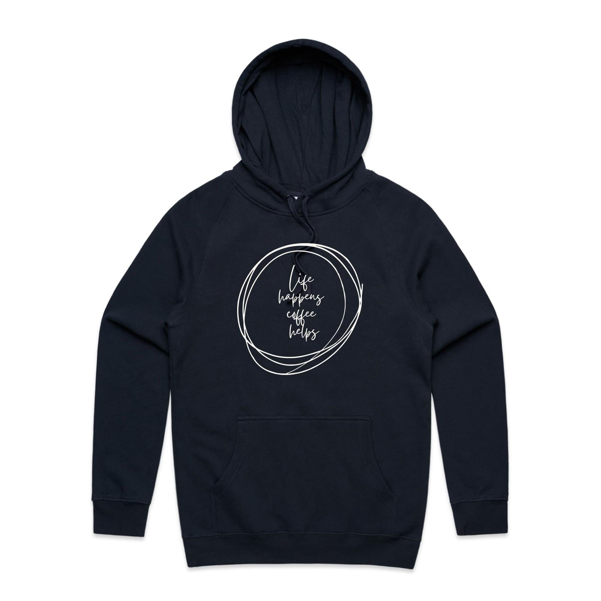 Life Happens, Coffee Helps - Mens Hoodie Navy Mens Hoodie Coffee Printed In Australia