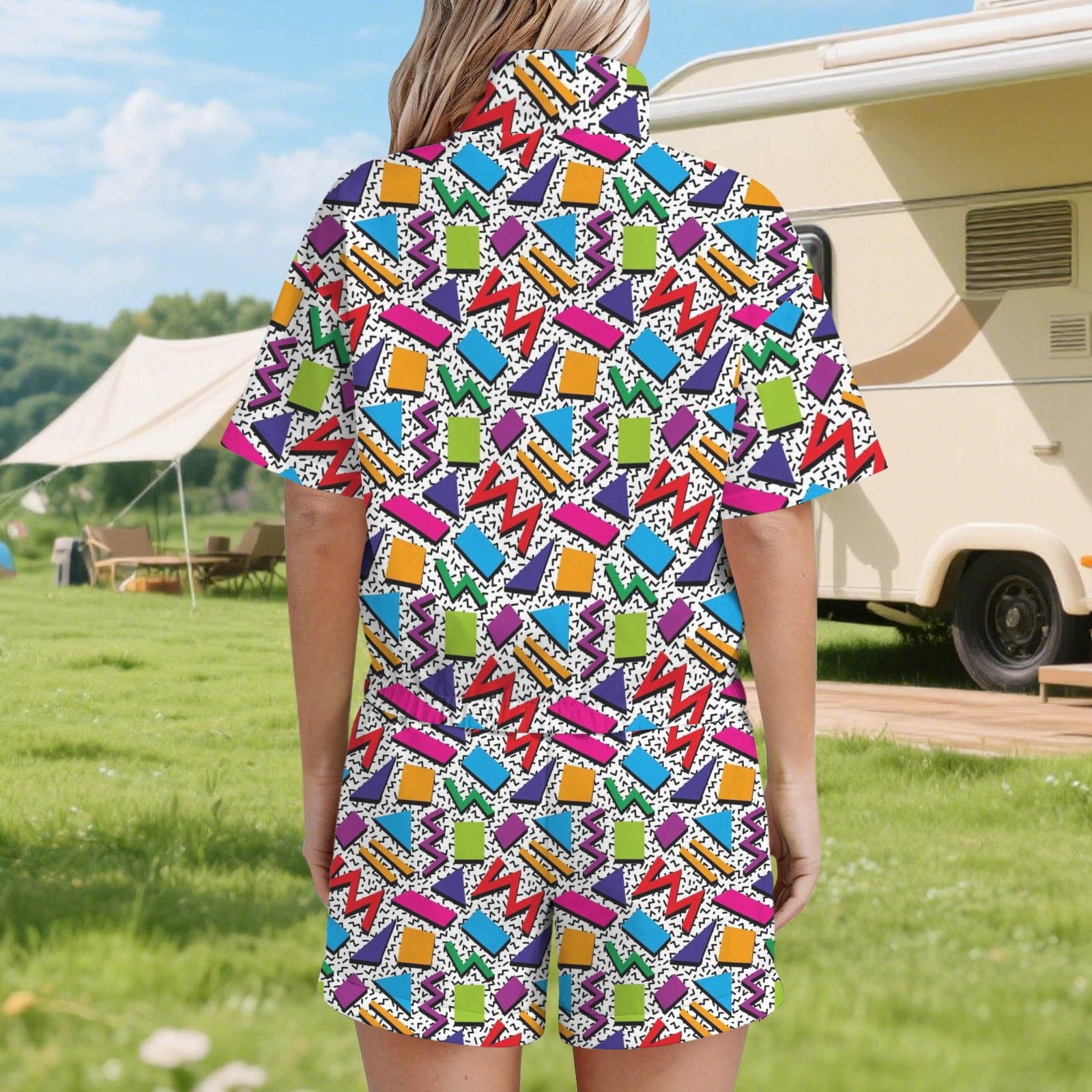 Graphic 80's Women's Windbreaker Short Set Women's Windbreaker Short Set Printed Offshore Retro