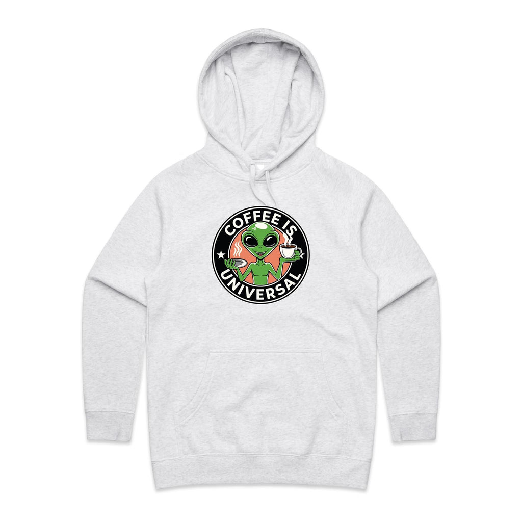 Coffee Is Universal, Alien - Womens Hoodie White Marle Womens Hoodie Coffee Printed In Australia Sci Fi