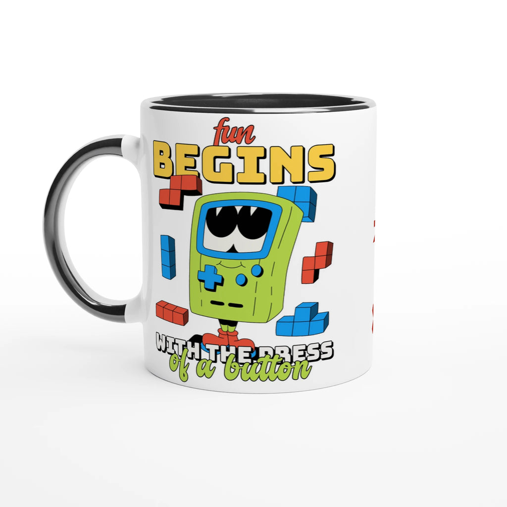 Personalised - Fun Begins With The Press Of A Button - White 11oz Ceramic Mug White 11oz Ceramic Mug with Color Inside Ceramic Black Personalised 11oz Mug customise Games Globally Fulfilled personalise