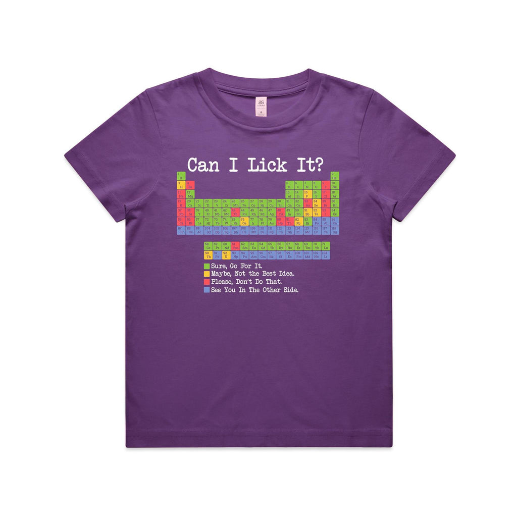 Periodic Table, Can I Lick It Kid's AS Colour T-shirt Purple Kids Youth T-shirt Printed In Australia Science