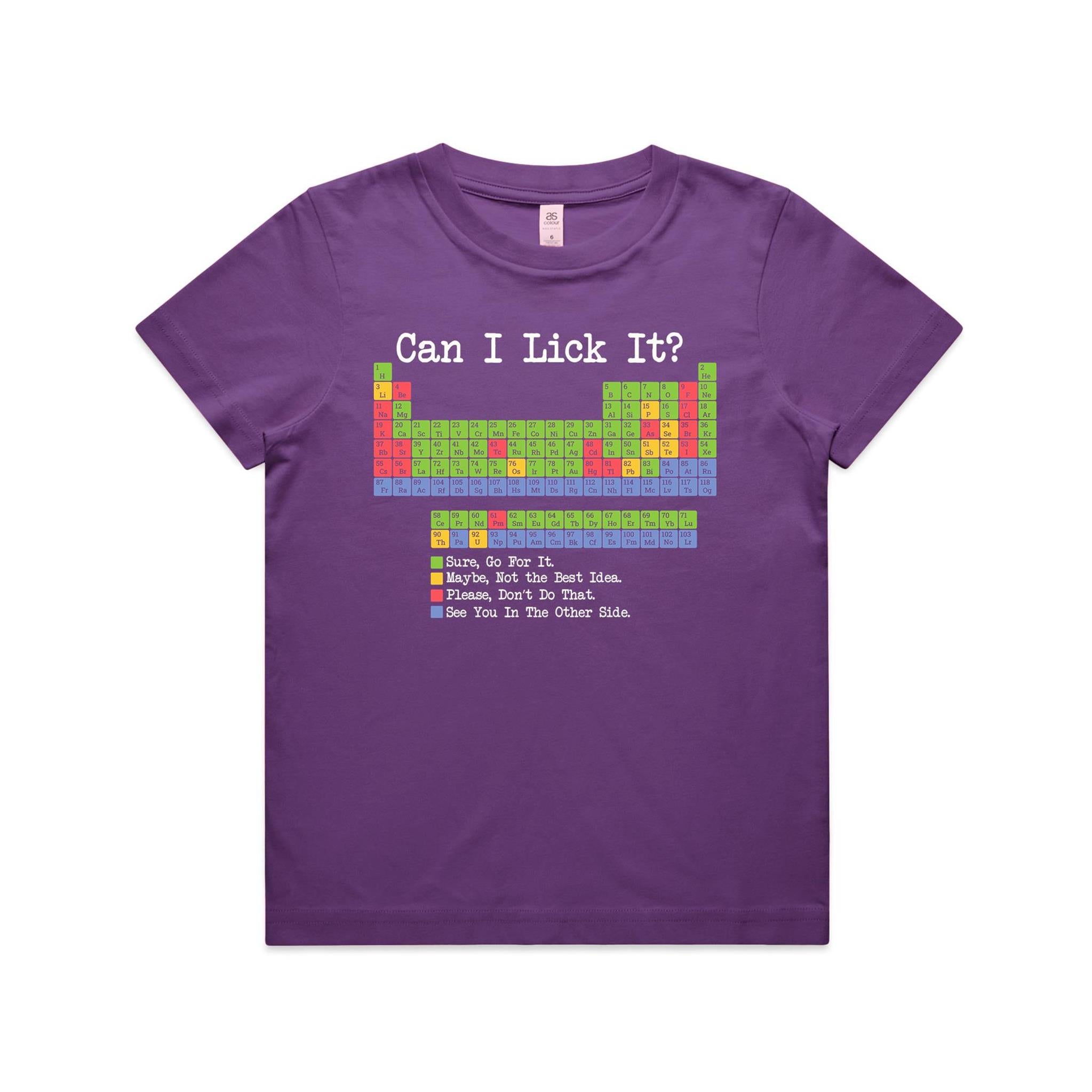 Periodic Table, Can I Lick It Kid's AS Colour T-shirt Purple Kids Youth T-shirt Printed In Australia Science