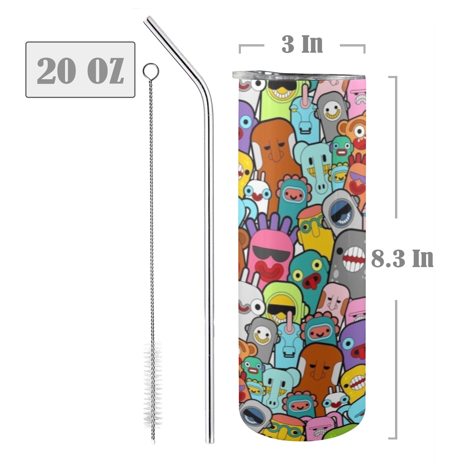 Happy Monsters - 20oz Tall Skinny Tumbler with Lid and Straw
