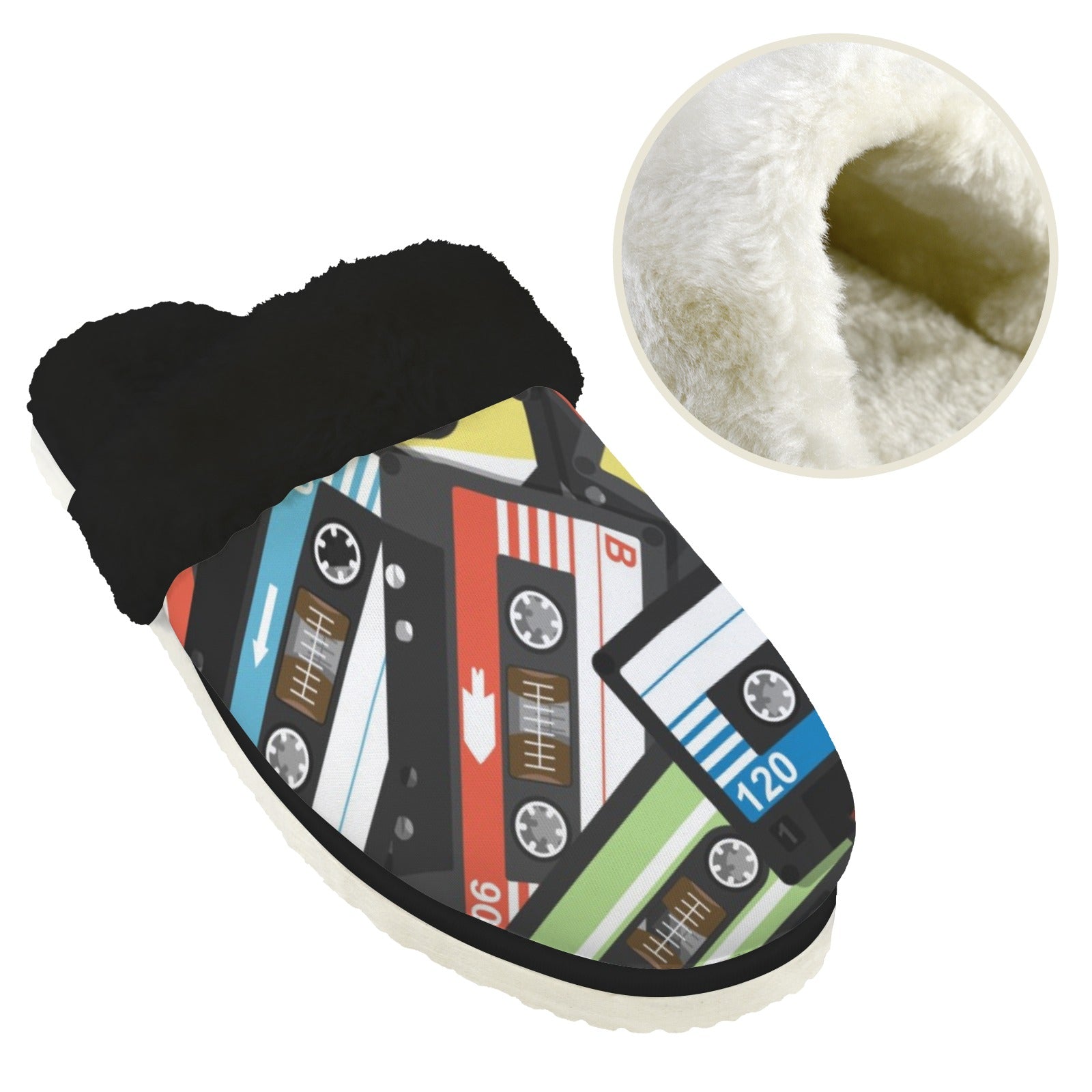 Cassette Tapes Women's Fur Trim Thick-Sole Indoor Slippers Women's Fur Trimmed Slippers Music Printed Offshore Retro