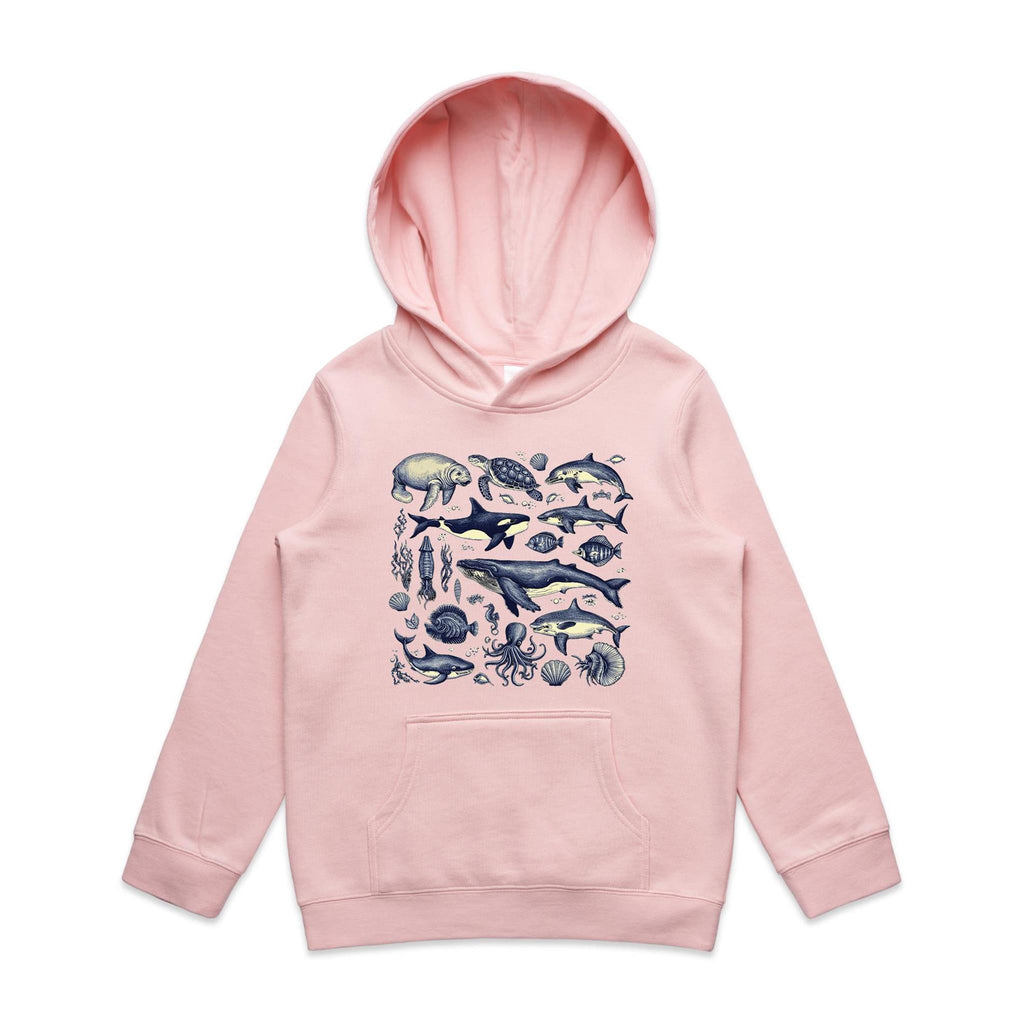 Sea Creatures - Kids Hoodie Pink Kids Hoodie Printed In Australia
