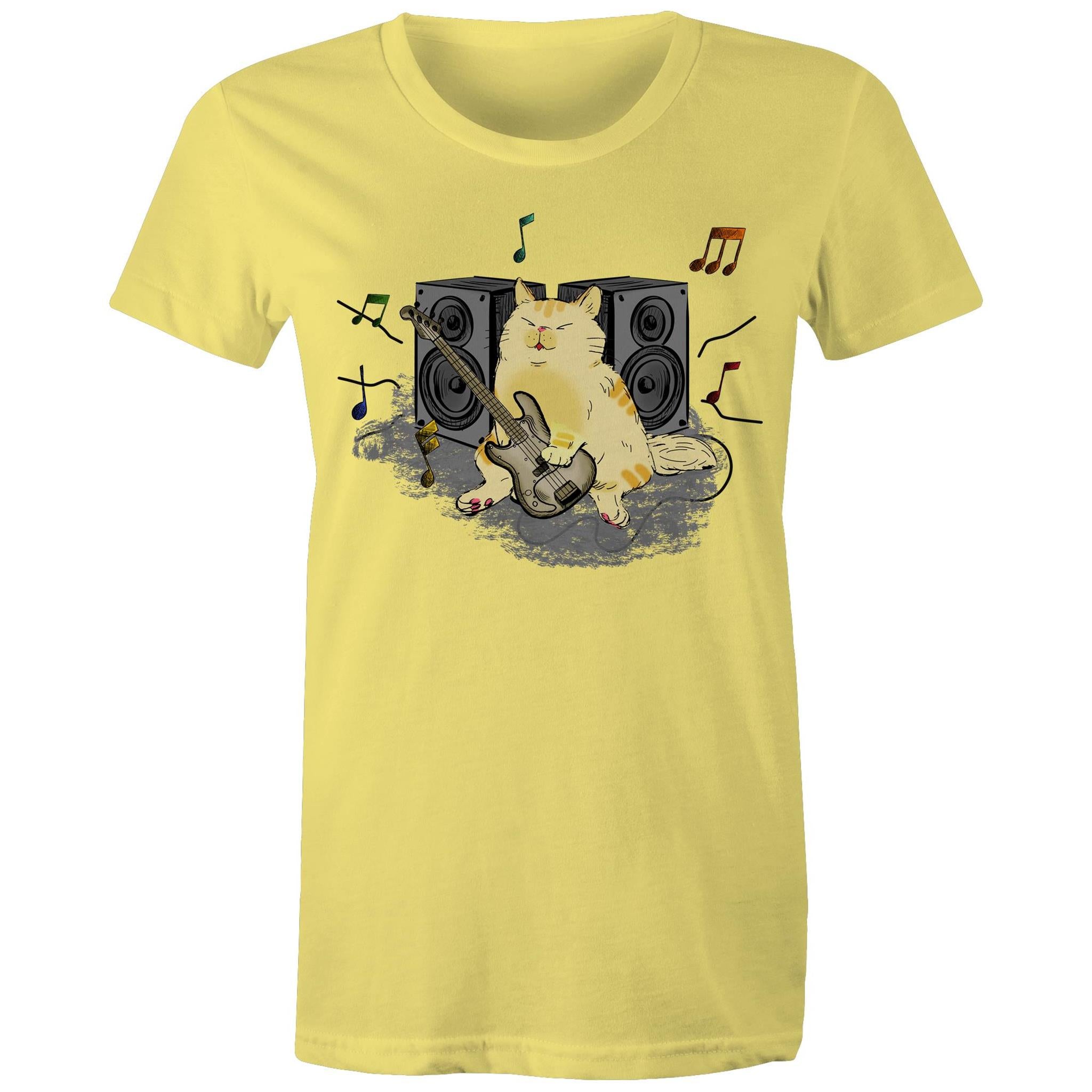 Cat Bass Player - Womens T-shirt Yellow Womens T-shirt animal Music Printed In Australia