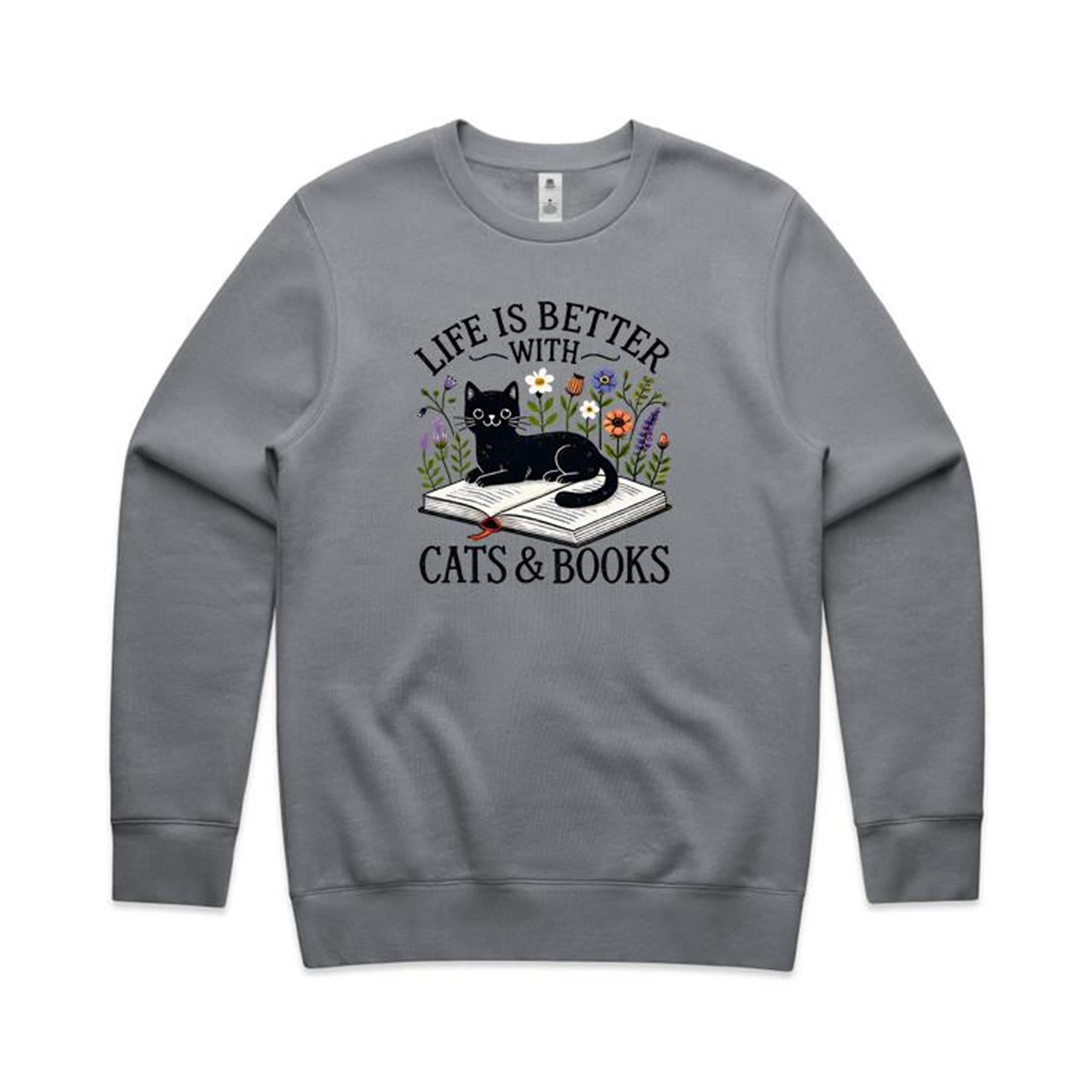 Life Is Better With Cats And Books - AS Colour Stencil Crew Sweatshirt Gravel Sweatshirt animal Printed In Australia Reading