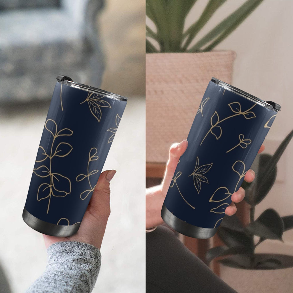 Gold Flowers On Navy - 20oz Mobile Tumbler with Lid (Black Lock) 20oz Travel Mug Printed Offshore
