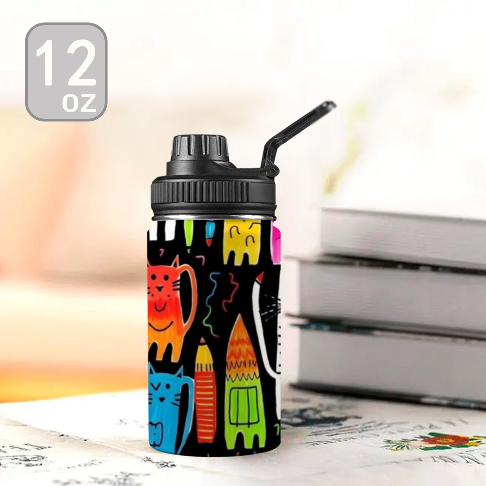 Colourful Cats - Kids Water Bottle with Chug Lid (12 oz) Kids Water Bottle with Chug Lid animal Printed Offshore