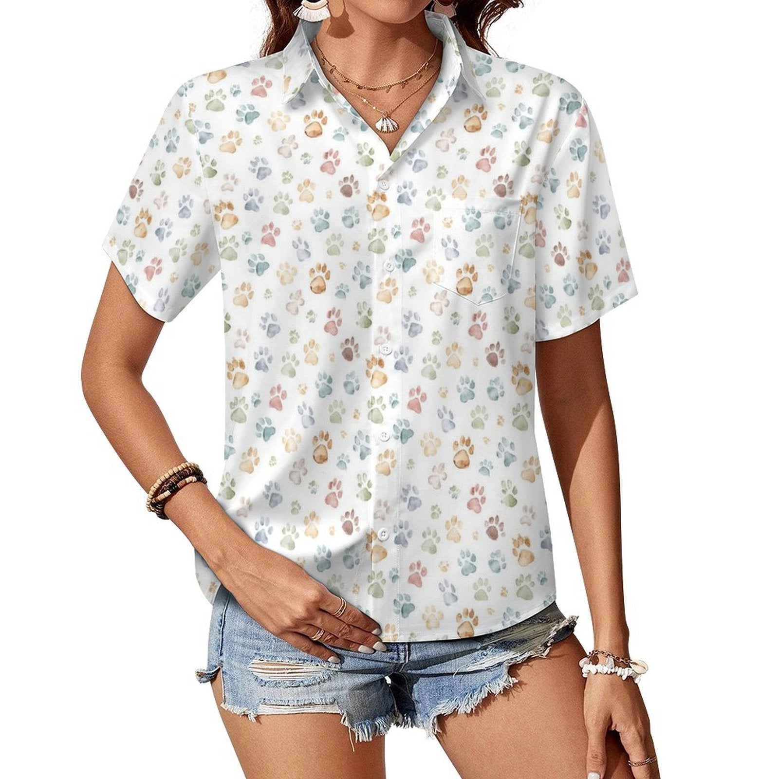 Paw Print Women's Short-Sleeve Button Up Shirt white Women's Short-Sleeve Button Up Shirt animal Printed Offshore