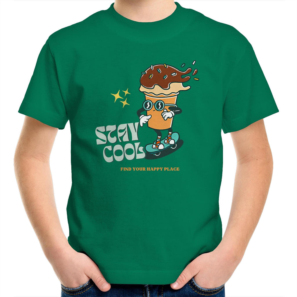Stay Cool, Find Your Happy Place - Kids Youth T-Shirt Kelly Green Kids Youth T-shirt Positivity Printed In Australia Retro