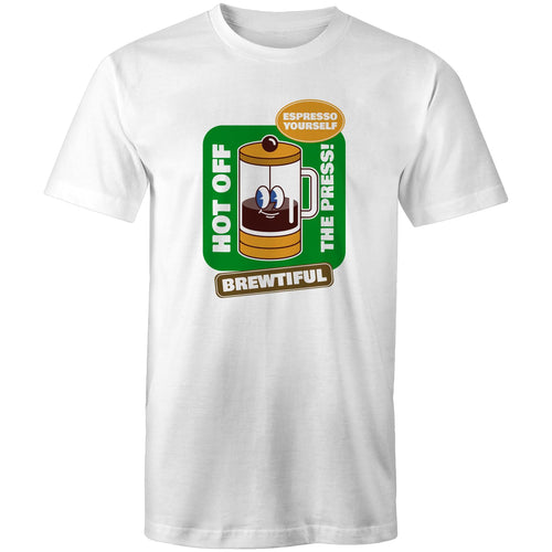 Brewtiful, Coffee Plunger, Espresso Yourself - Mens T-Shirt White Mens T-shirt Coffee Printed In Australia