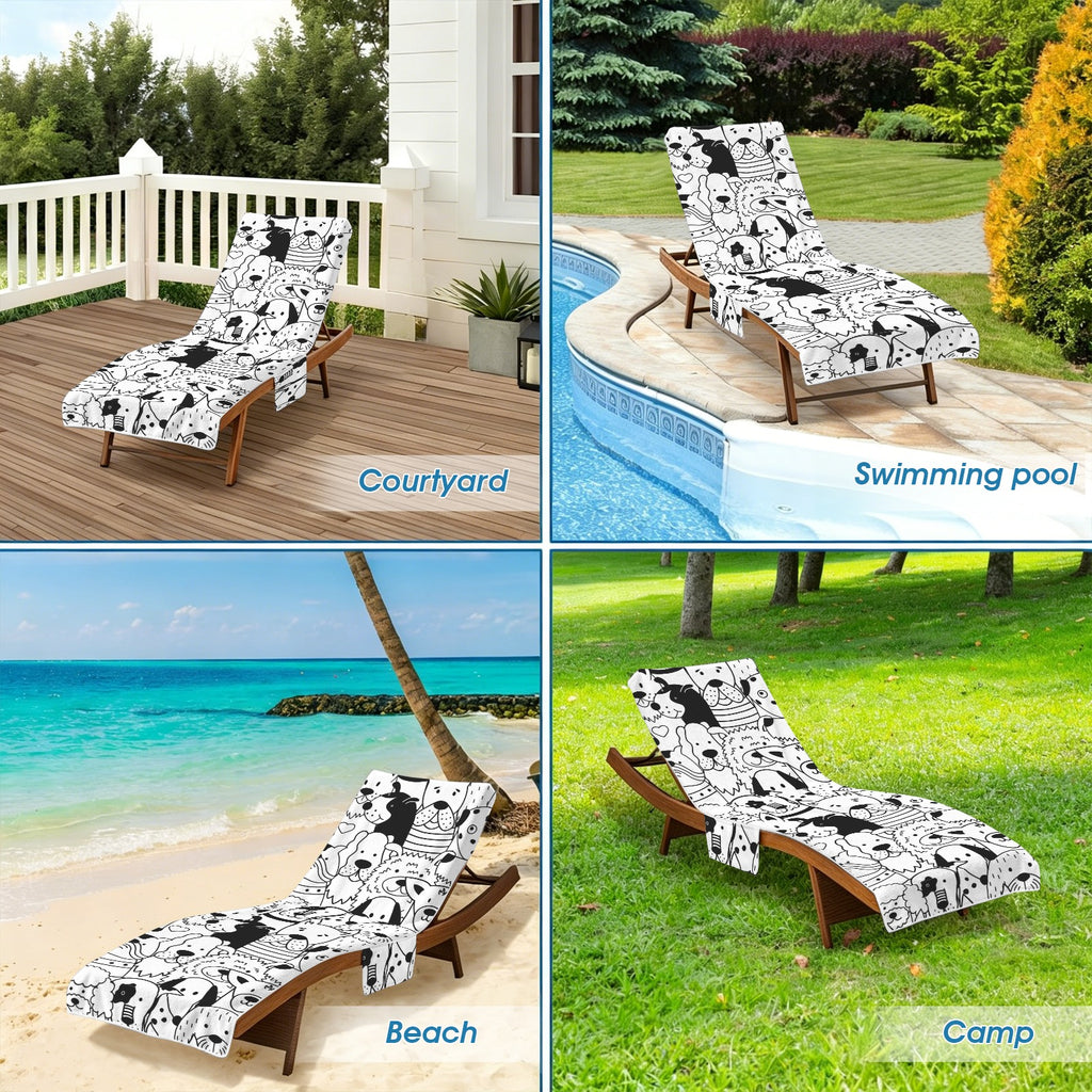 Black And White Dogs Beach Chair Towel Cover with Side Pockets