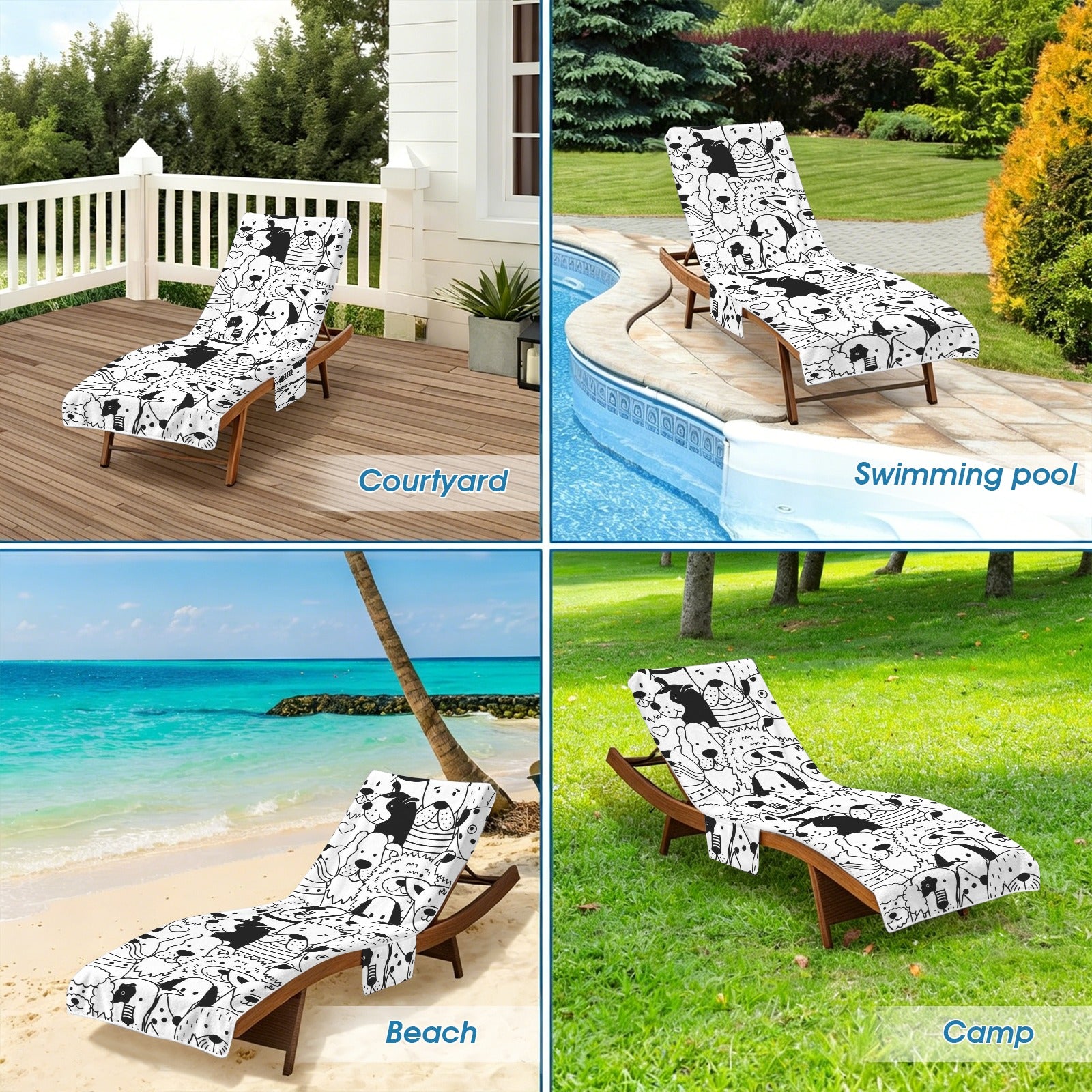 Black And White Dogs Beach Chair Towel Cover with Side Pockets