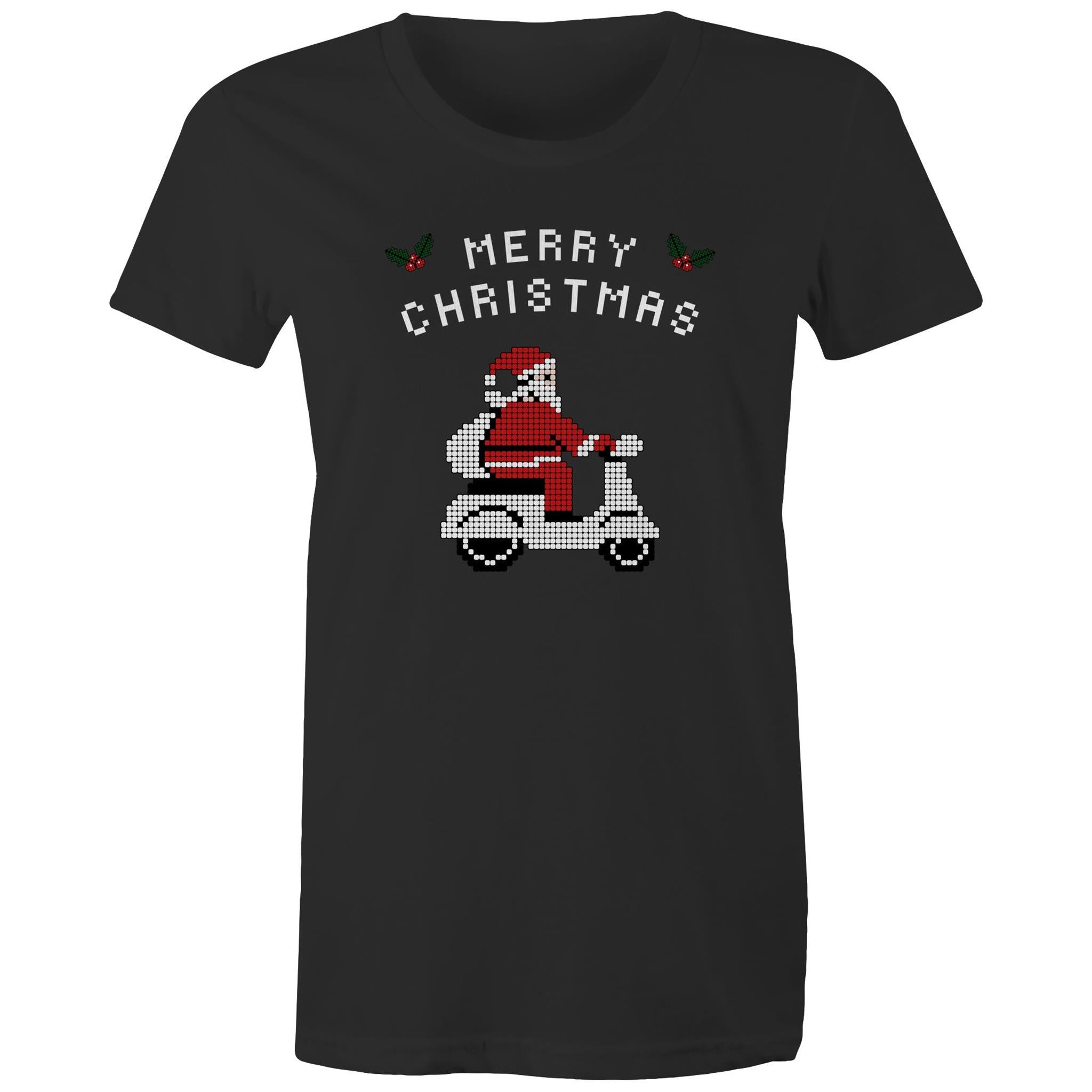 Scooter Santa - Womens T-shirt Black Womens Christmas T-shirt Christmas Printed In Australia