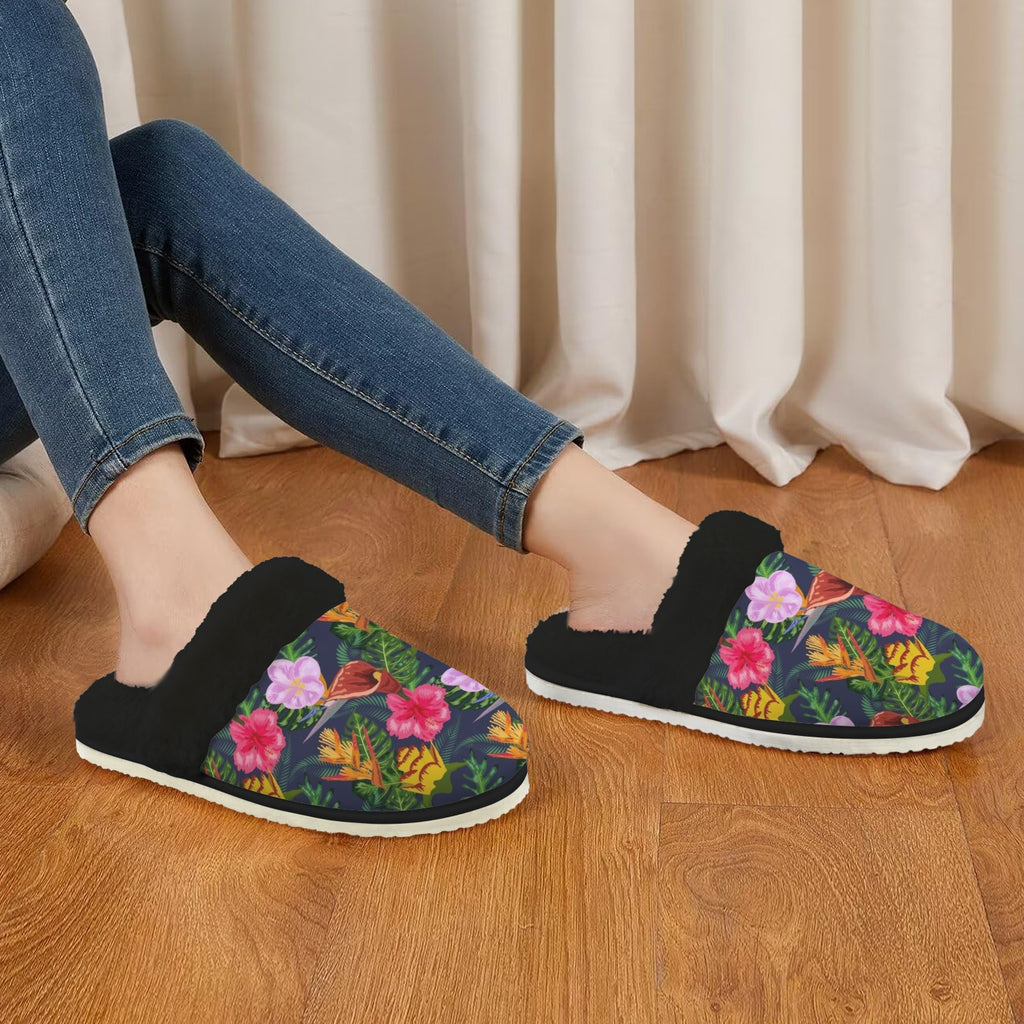Tropical Floral Women's Fur Trim Thick-Sole Indoor Slippers Women's Fur Trimmed Slippers Plants Printed Offshore