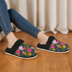 Tropical Floral Women's Fur Trim Thick-Sole Indoor Slippers Women's Fur Trimmed Slippers Plants Printed Offshore