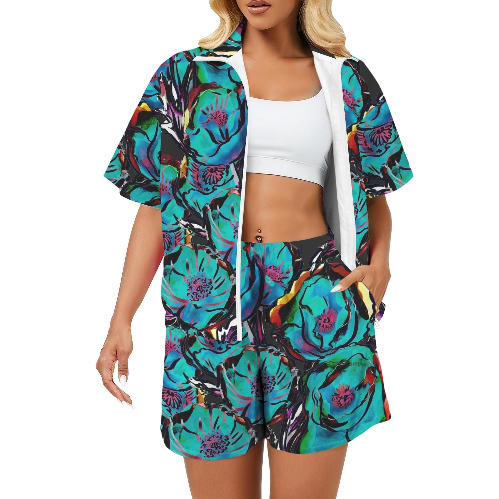 Flower It Blue Women's Windbreaker Short Set 2XL Women's Windbreaker Short Set Plants Printed Offshore