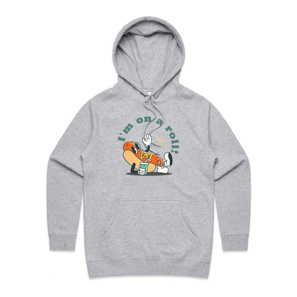 Hotdog, I'm On A Roll - Womens Hoodie Grey Marle Womens Hoodie Food Printed In Australia