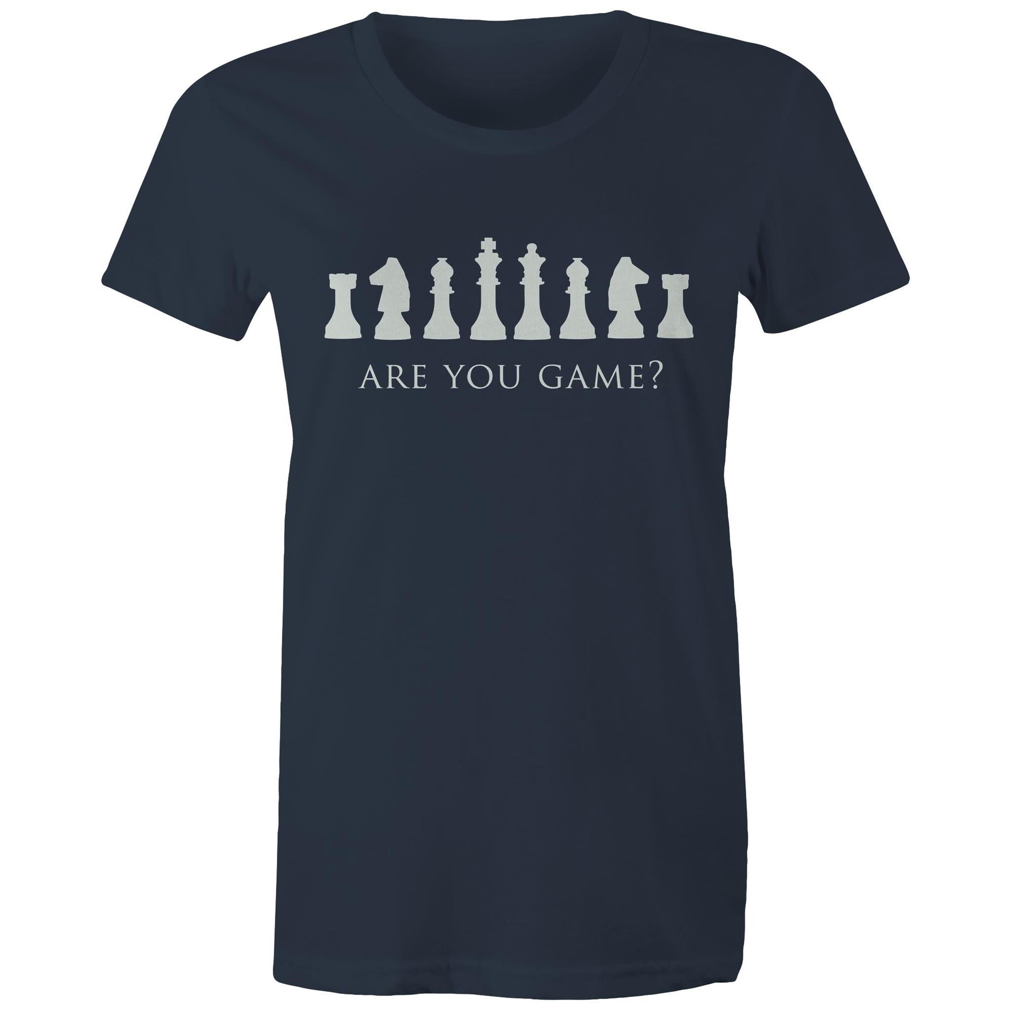 Are You Game, Chess - Womens T-shirt Navy Womens T-shirt Chess Games Printed In Australia