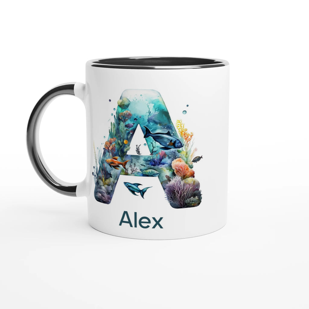 Coral Sea Initial 11oz Ceramic Mug Ceramic Black Personalised 11oz Mug customise Globally Fulfilled Initial Name Ocean personalise