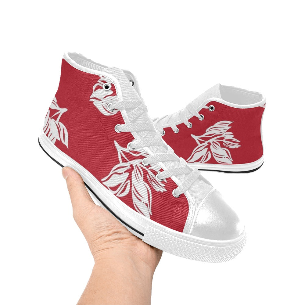 Red Retro Foliage, Hawaiian Flower - Men's High Top Canvas Shoes