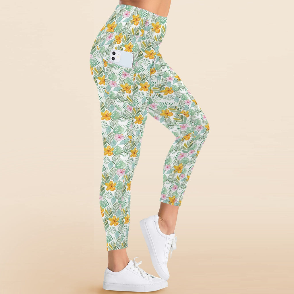 Tropical Flowers And Leaves Women's High Waist Pockets Yoga Leggings Women's High Waist Pockets Yoga Leggings Plants Printed Offshore