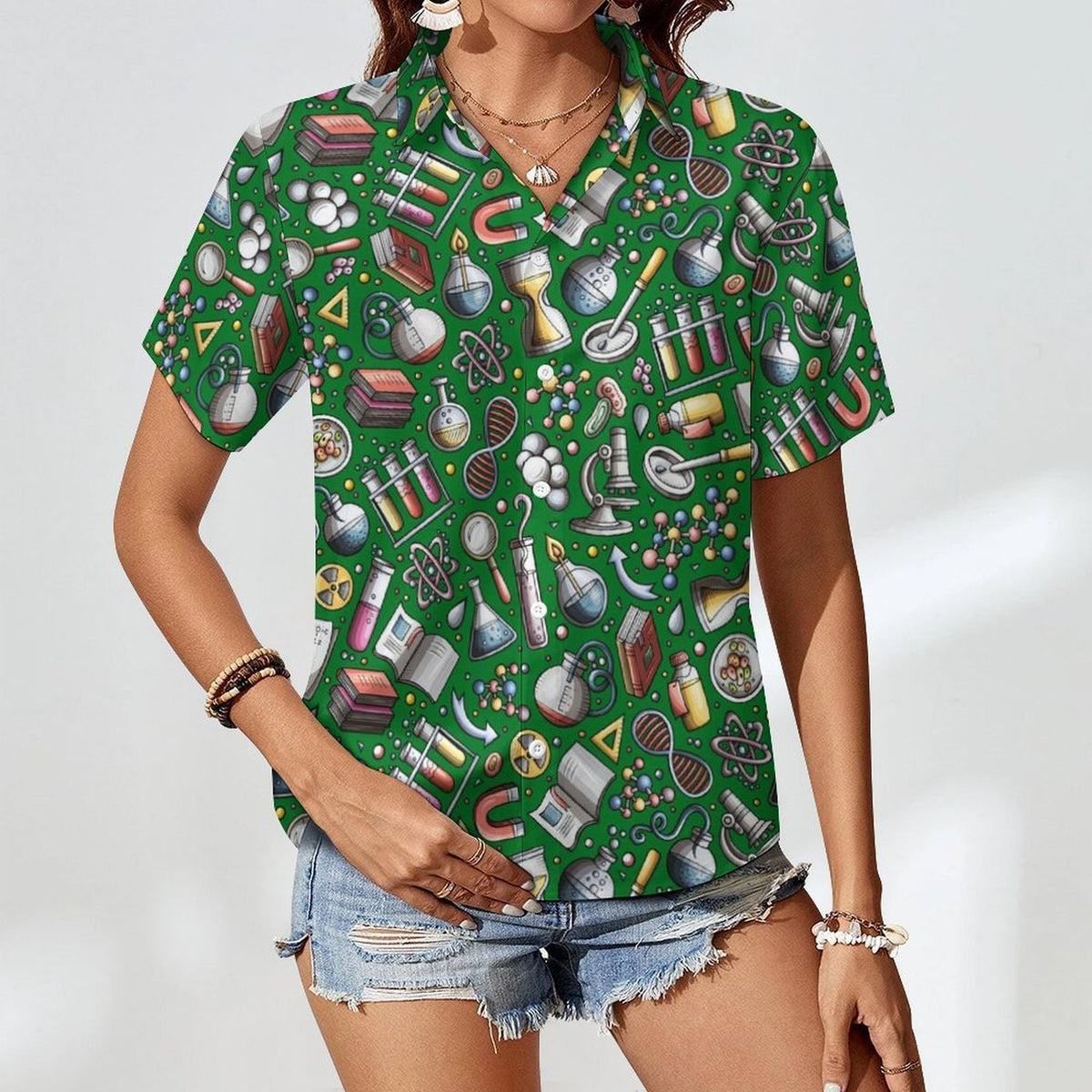 Science Love Women's Collared Pocketless Short Sleeve Shirt