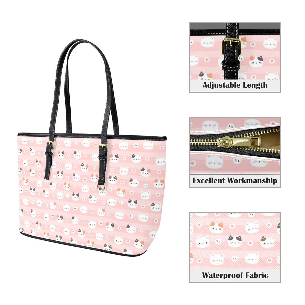 Pink Cats PU Leather Tote Bag Large Leather Tote Bag-Large animal Printed Offshore
