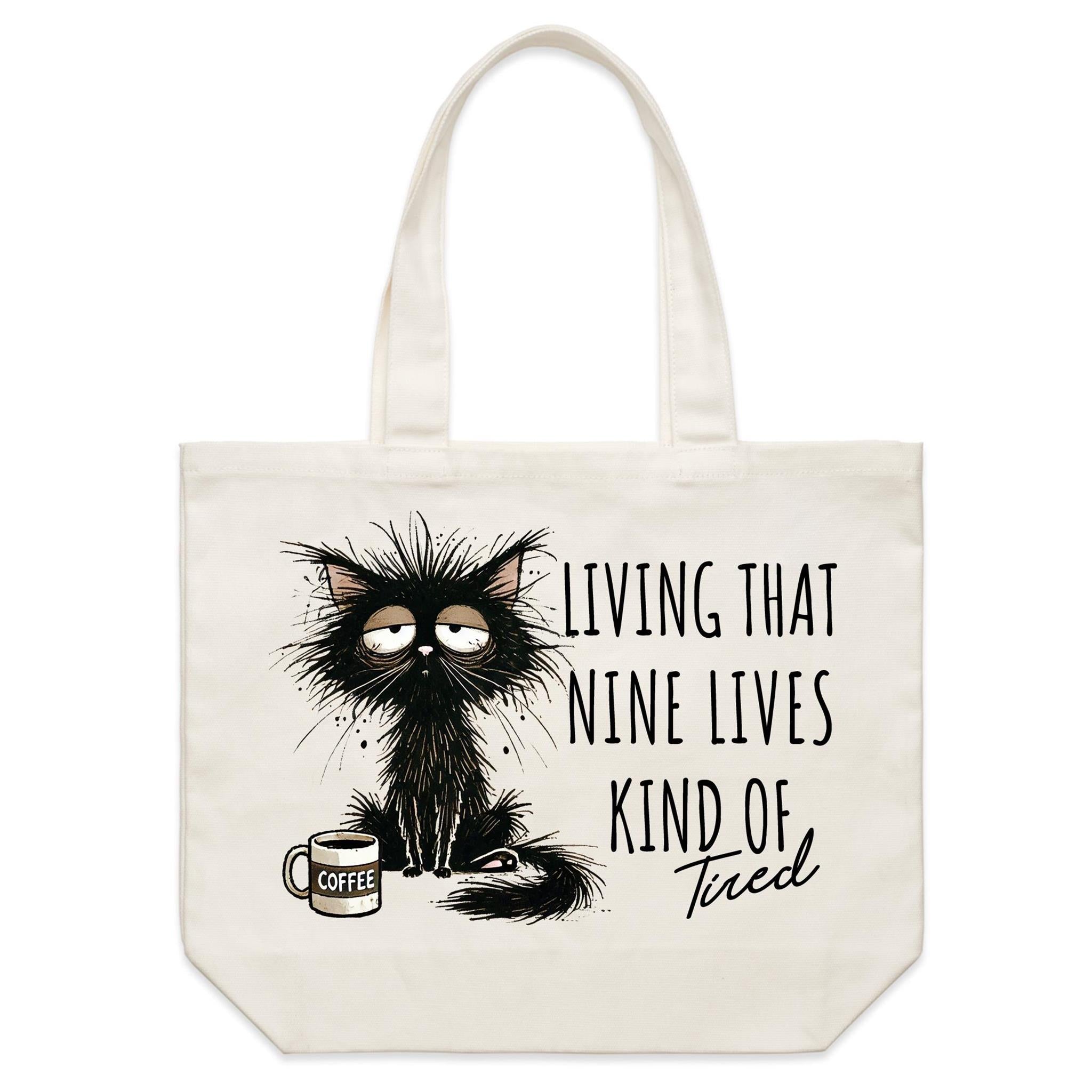 Living That Nine Lives Kind Of Tired, Black Cat - Shoulder Canvas Tote Bag Default Title Large Tote Bag animal Printed In Australia