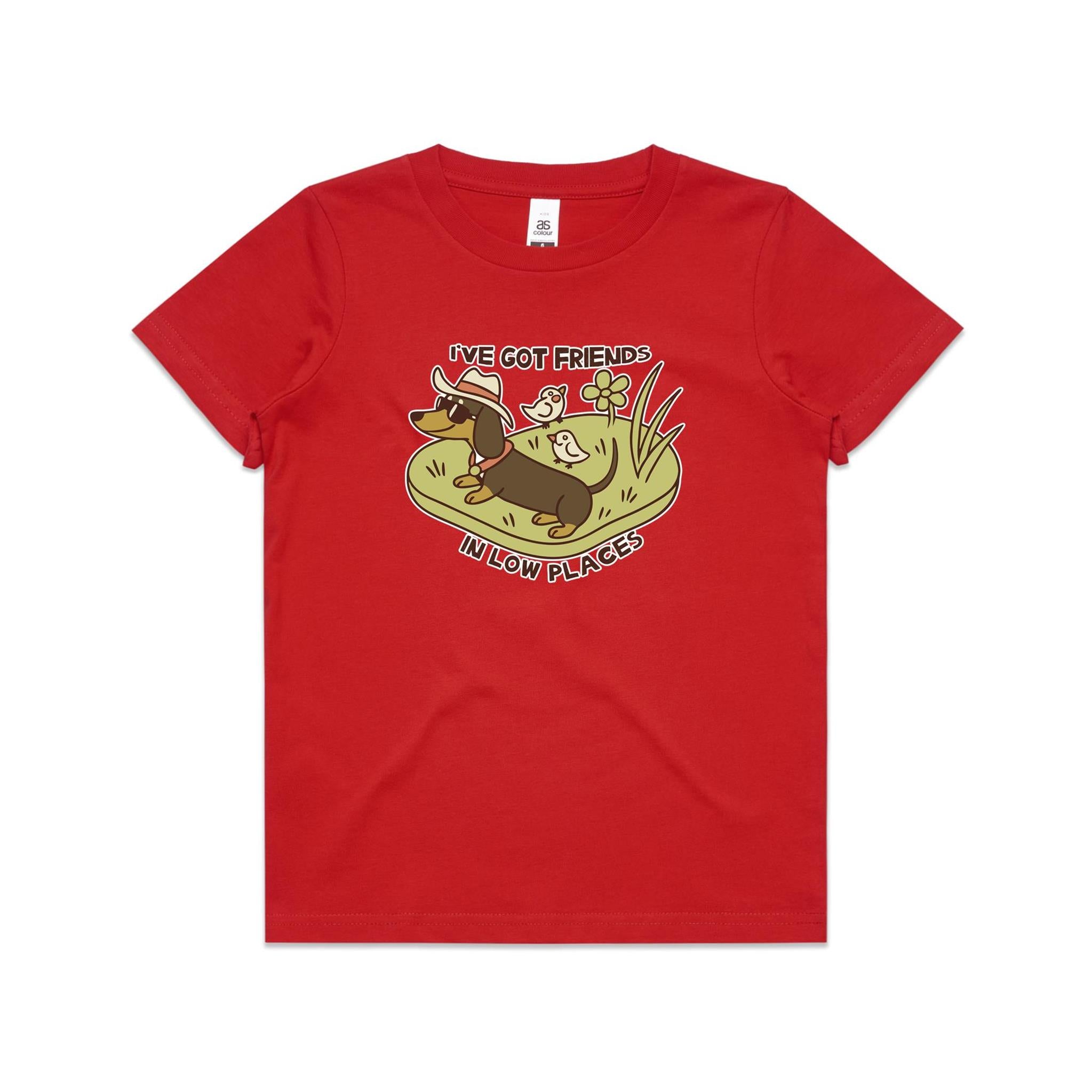 Dachshund, I've Got Friends In Low Places Kid's AS Colour T-shirt Red Kids Youth T-shirt animal Printed In Australia