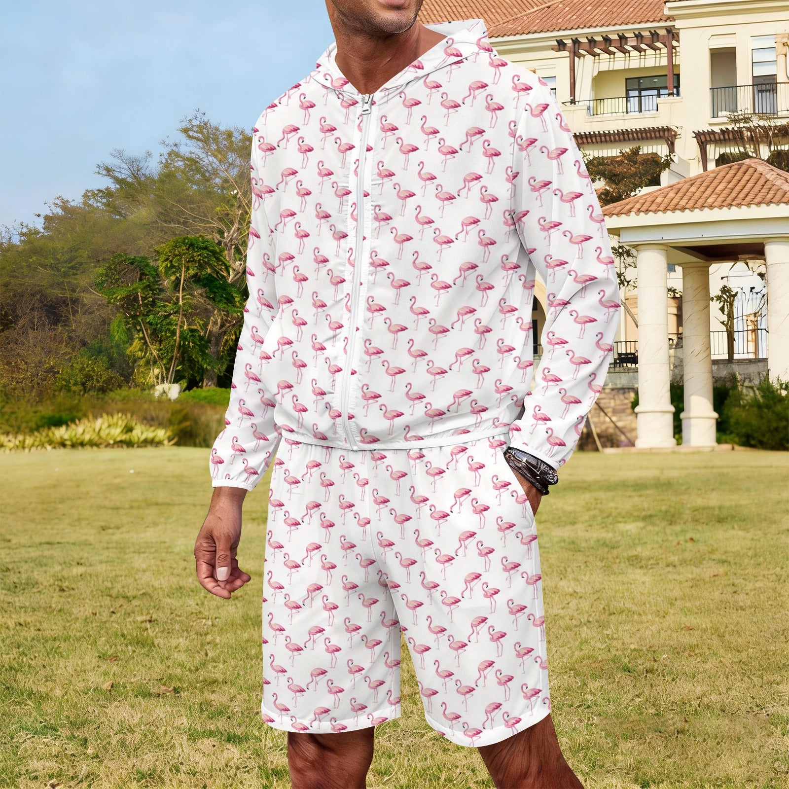 Flamingos Men's Lightweight Sun Hoodie & Shorts Set Men's Lightweight Sun Hoodie & Shorts animal Printed Offshore