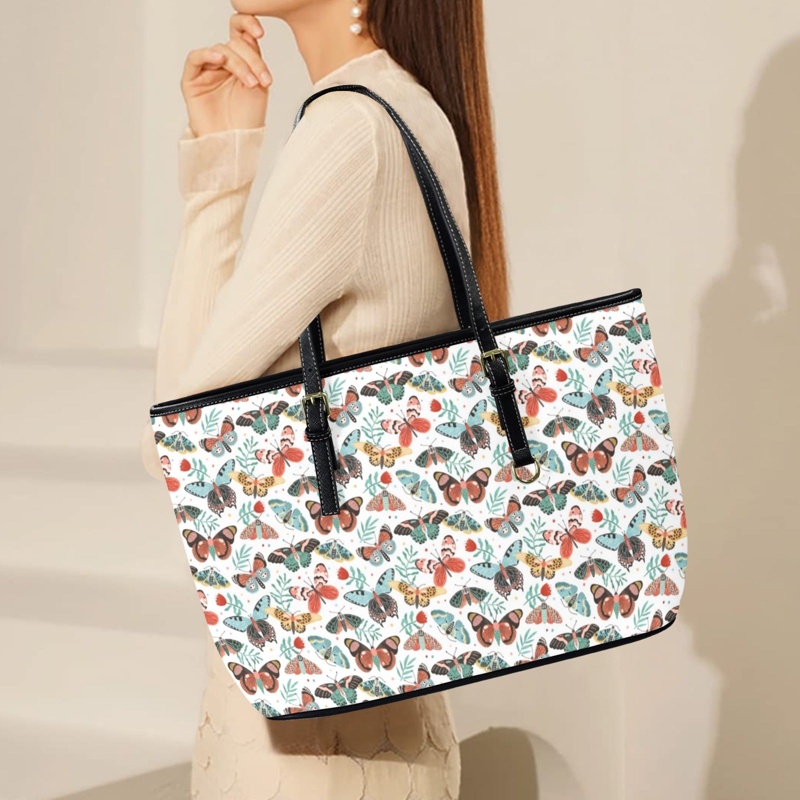 Pretty Moths And Butterflies PU Leather Tote Bag Large Leather Tote Bag-Large animal Printed Offshore