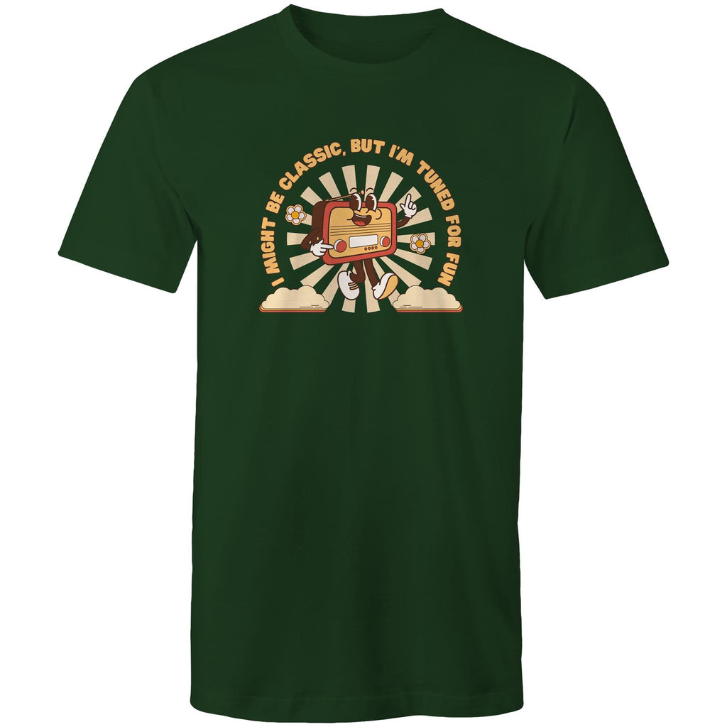 I Might Be Classic But Im Tuned For Fun, Old Radio - Mens T-Shirt Forest Green Mens T-shirt Music Printed In Australia Retro